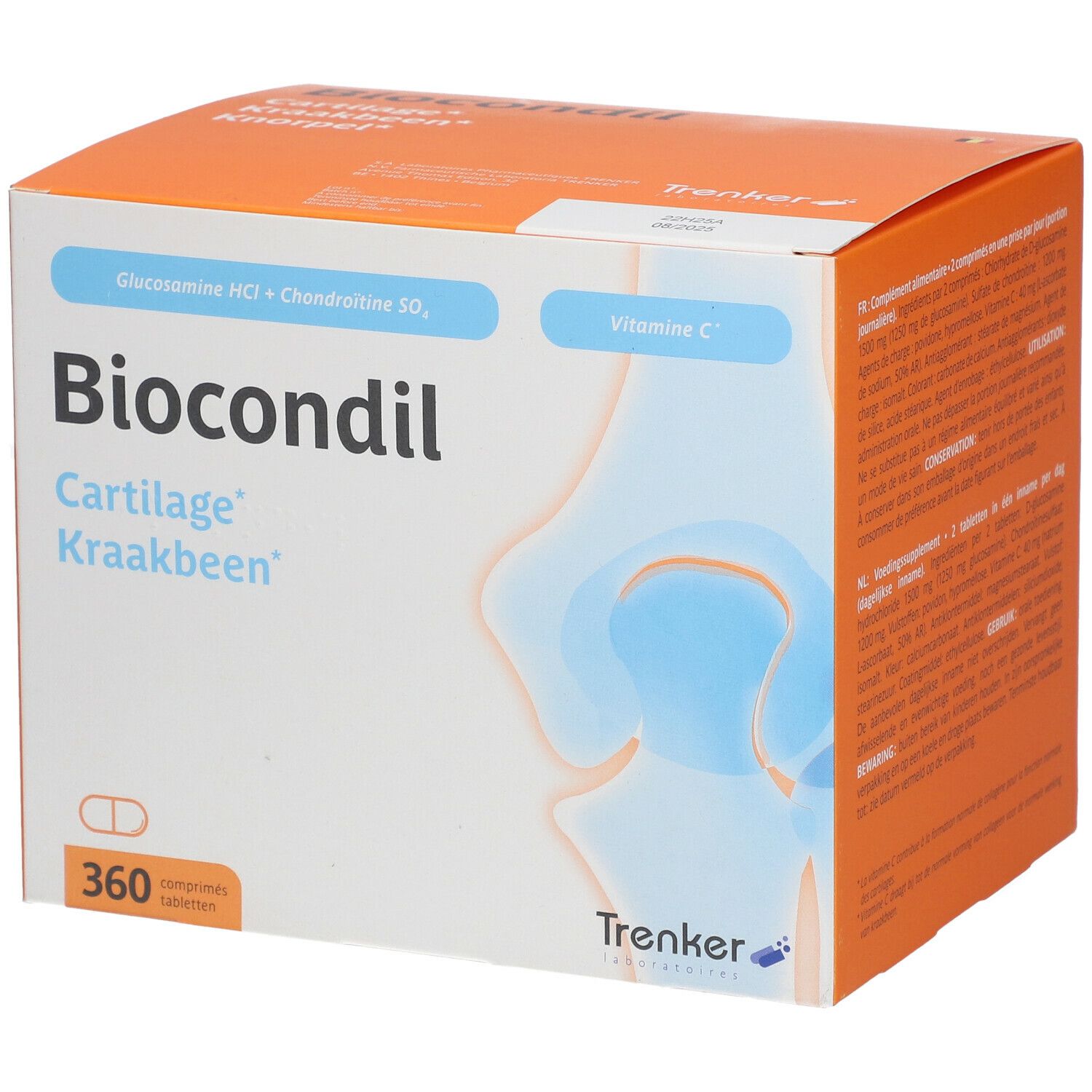 Doos van Biocondil. Opschrift: Cartilage Kraakbeen. Bevat 360 tabletten. Oranje-witte verpakking.