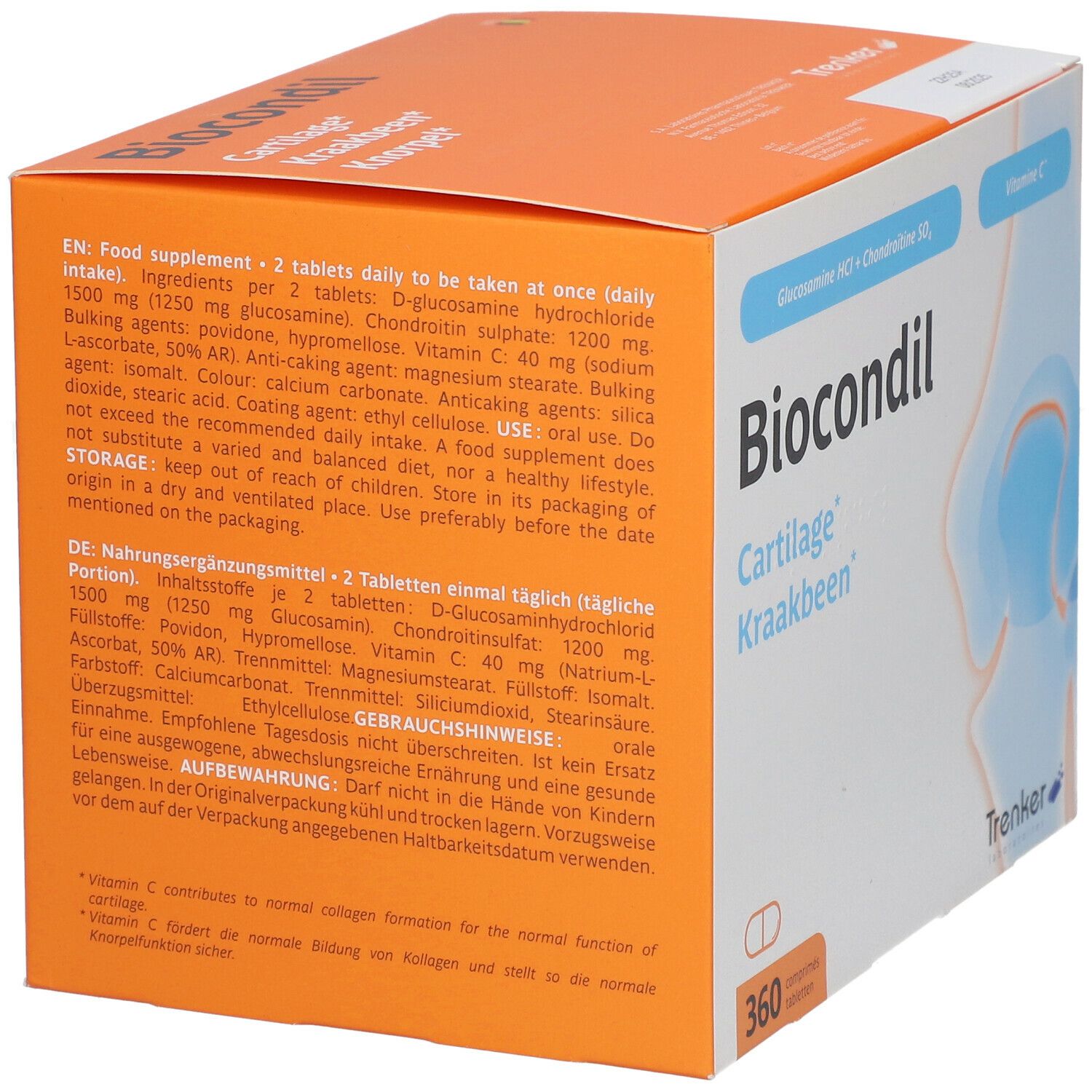Achterkant van de Biocondil-verpakking. Bevat informatie over ingrediënten en gebruik. Oranje-witte verpakking.