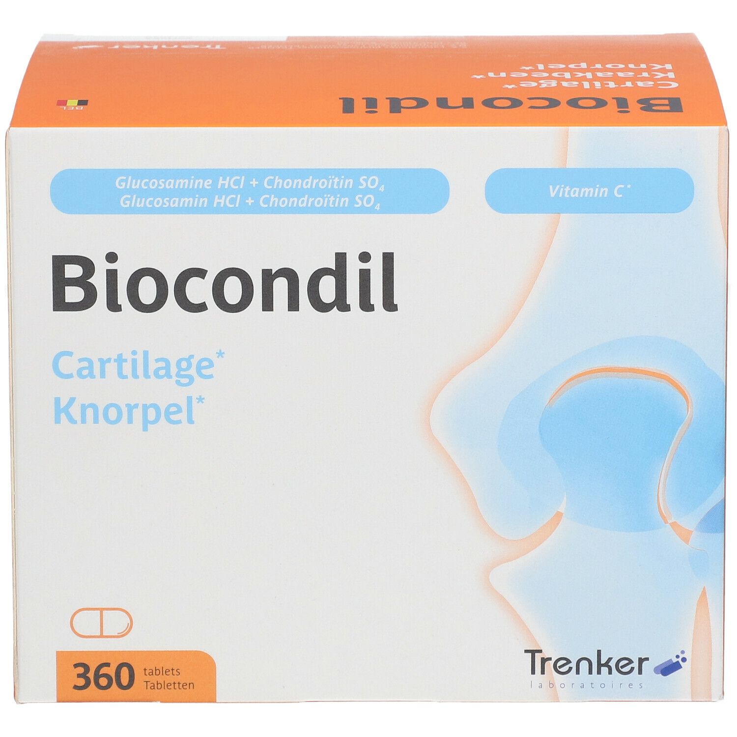 Doos van Biocondil. Opschrift: Cartilage Knorpel. Bevat 360 tabletten. Oranje-witte verpakking.