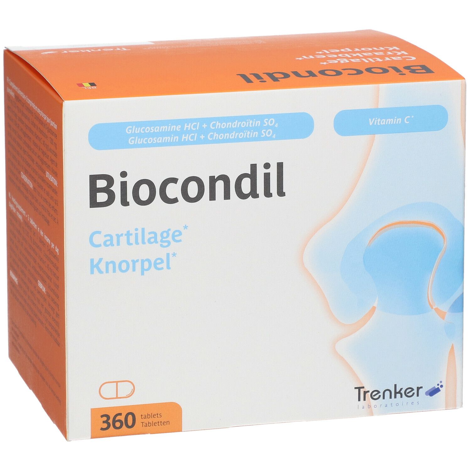 Doos van Biocondil. Opschrift: Cartilage Knorpel. Bevat 360 tabletten. Oranje-witte verpakking.