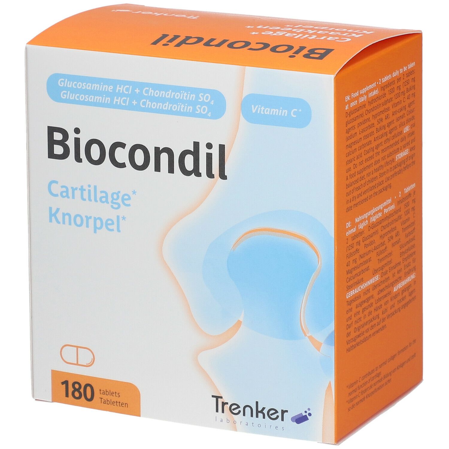 Boîte de Biocondil. Emballage orange et blanc avec nom du produit, ingrédients et 180 comprimés. Logo Trenker.