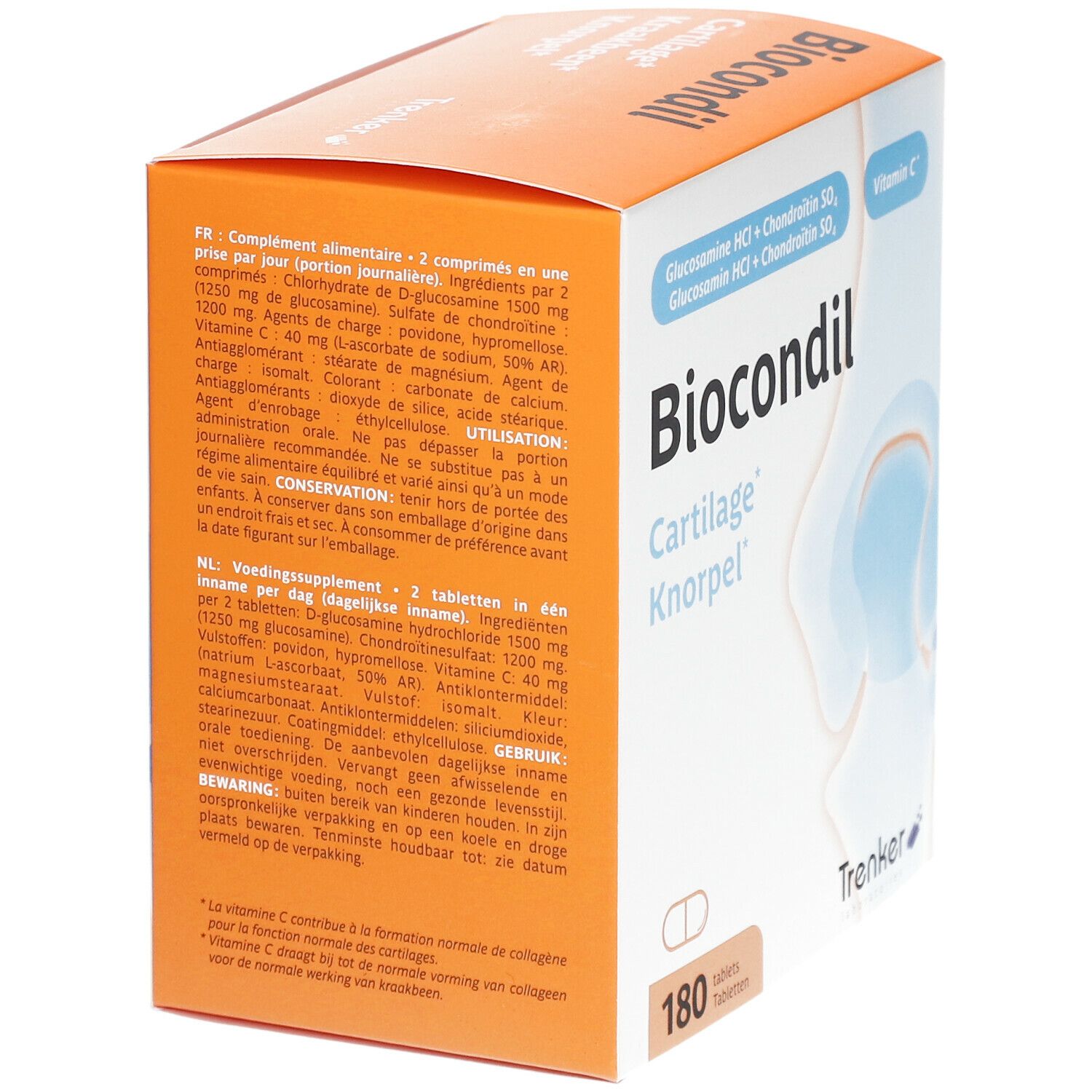 Vue latérale de l'emballage Biocondil. Boîte orange et blanche avec informations sur le produit, ingrédients et 180 comprimés. Logo Trenker.