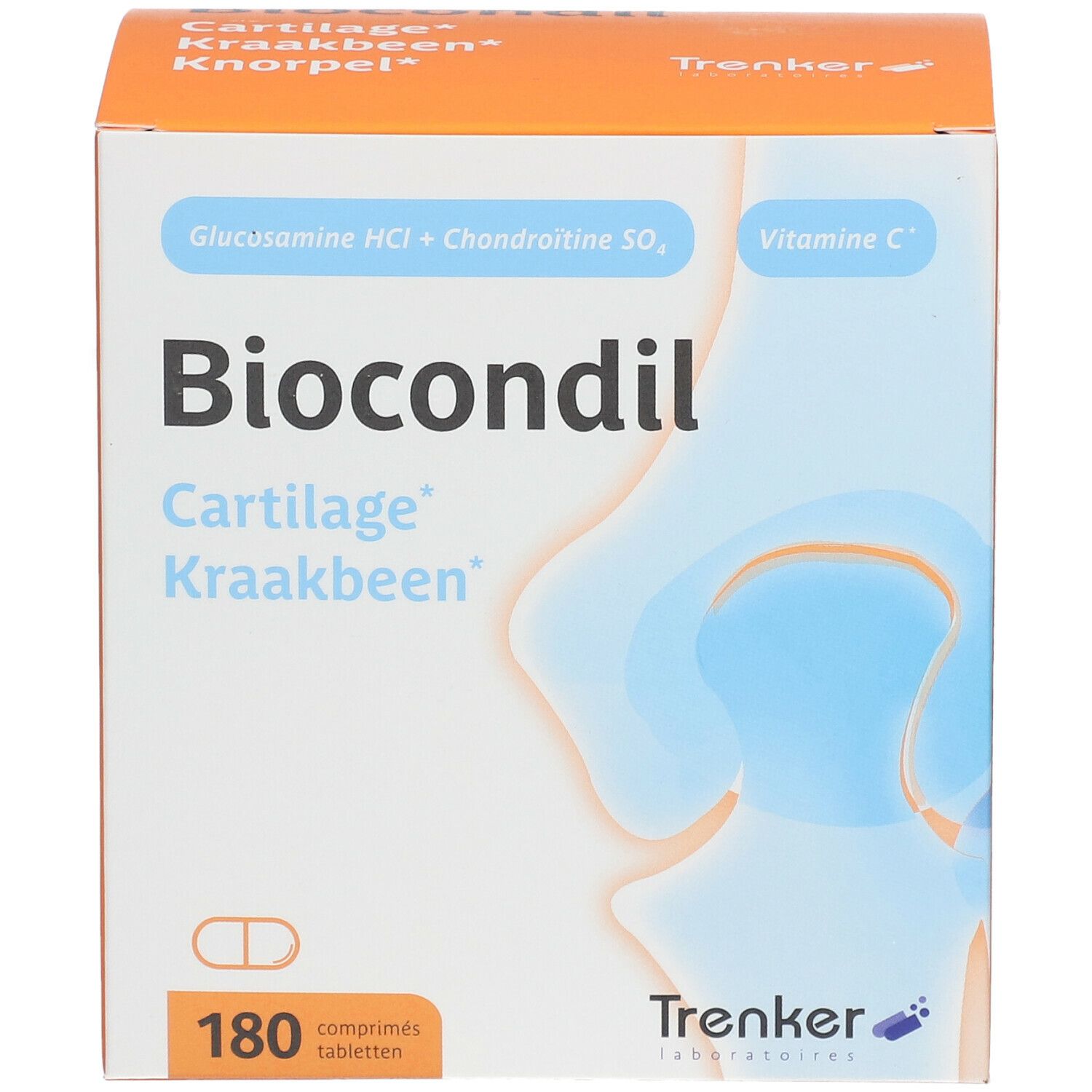 Boîte de Biocondil. Emballage orange et blanc avec nom du produit, ingrédients et 180 comprimés. Logo Trenker.