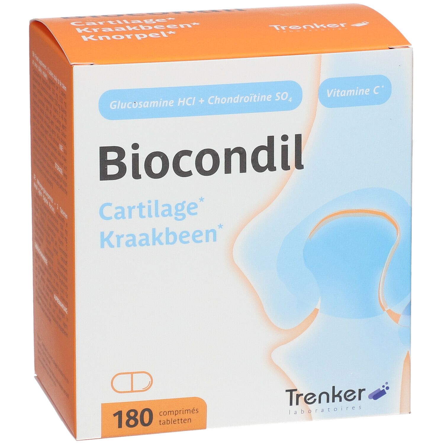 Boîte de Biocondil. Emballage orange et blanc avec nom du produit, ingrédients et 180 comprimés. Logo Trenker.