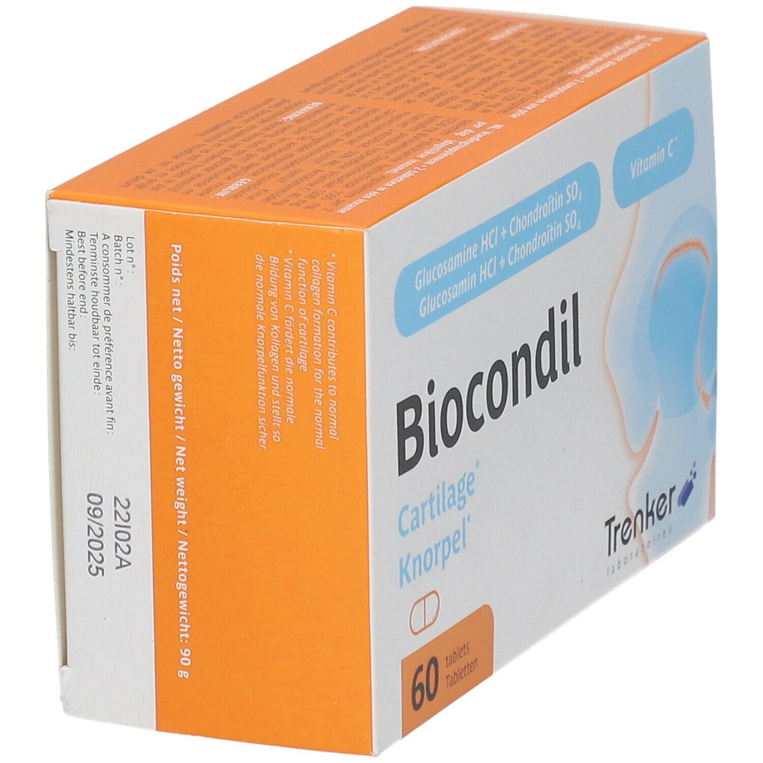 Boîte Biocondil en biais. Contient 60 comprimés. Avec glucosamine, chondroïtine, vitamine C. Marque Trenker.