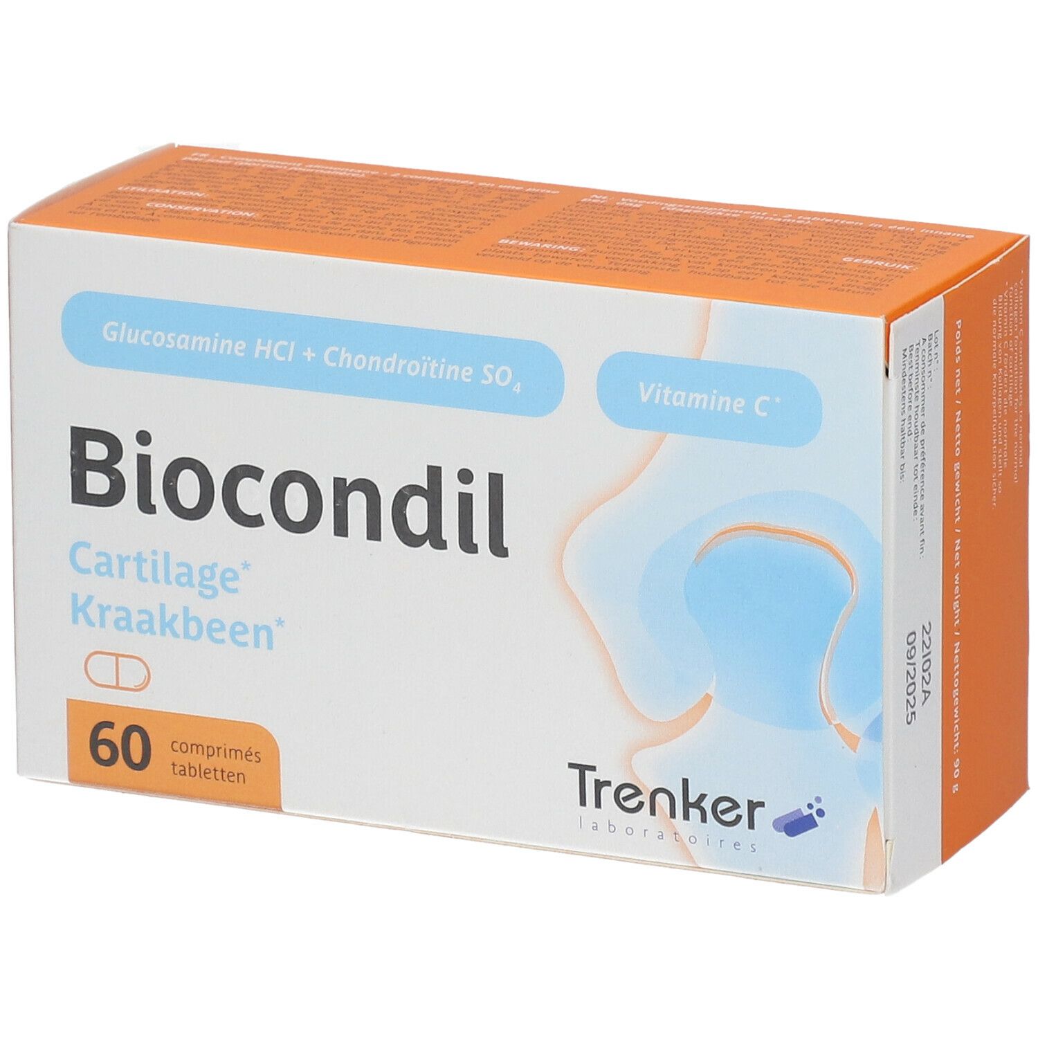 Boîte Biocondil avec 60 comprimés. Contient glucosamine, chondroïtine, vitamine C. Marque Trenker.