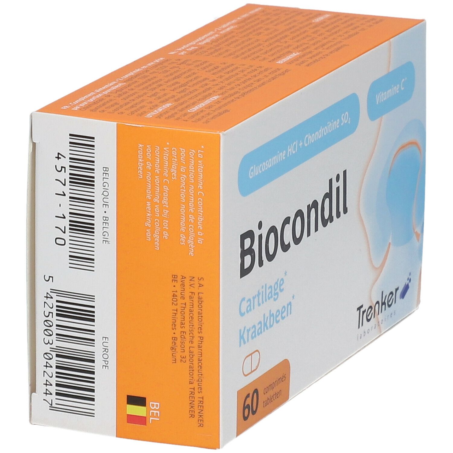 Boîte Biocondil en biais. Contient 60 comprimés. Avec glucosamine, chondroïtine, vitamine C. Marque Trenker.