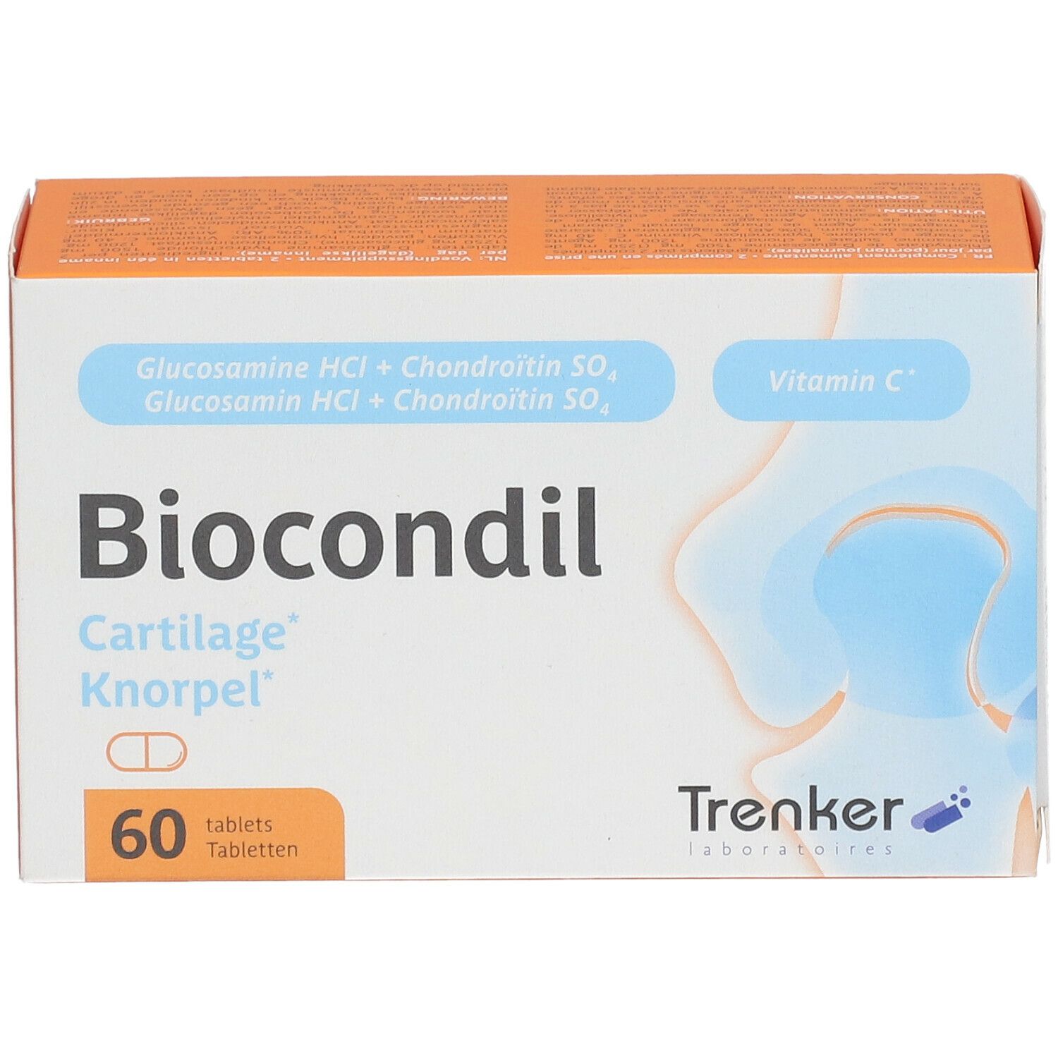 Boîte Biocondil avec 60 comprimés. Contient glucosamine, chondroïtine, vitamine C. Marque Trenker.