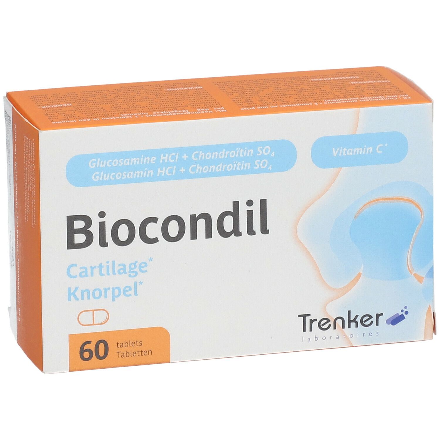 Boîte Biocondil avec 60 comprimés. Contient glucosamine, chondroïtine, vitamine C. Marque Trenker.