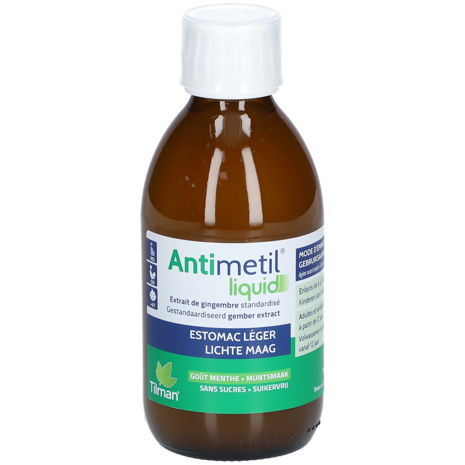 Bruine fles met witte dop. Etiket met productnaam en tekst. Groen-wit etiket.