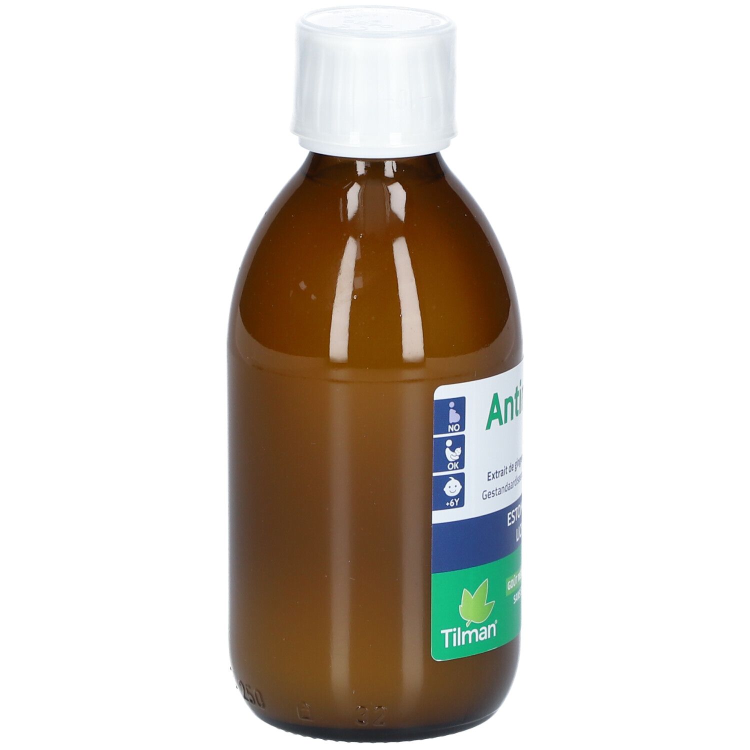 Bruine fles met witte dop. Etiket met productnaam en tekst. Groen-wit etiket.