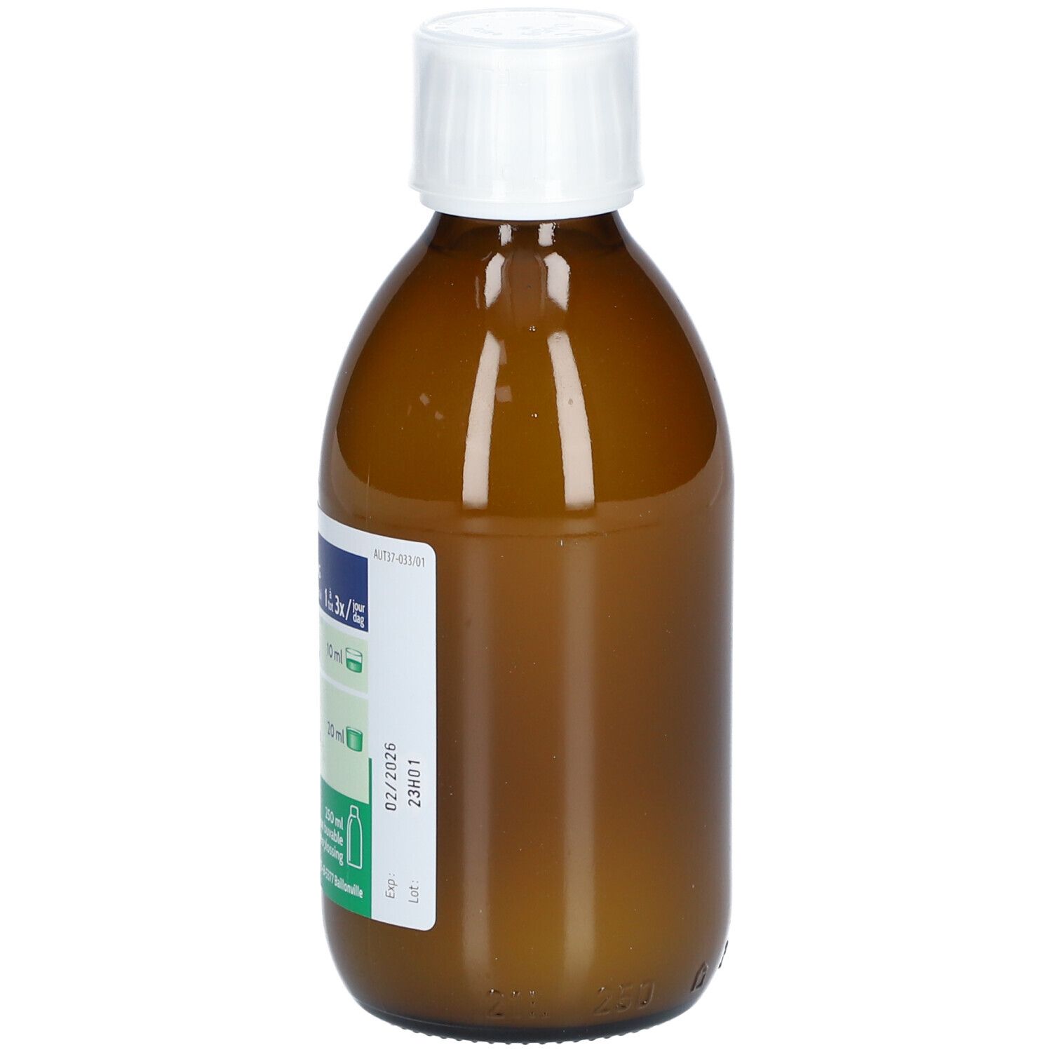 Bruine fles met witte dop. Etiket met productnaam en tekst. Groen-wit etiket.