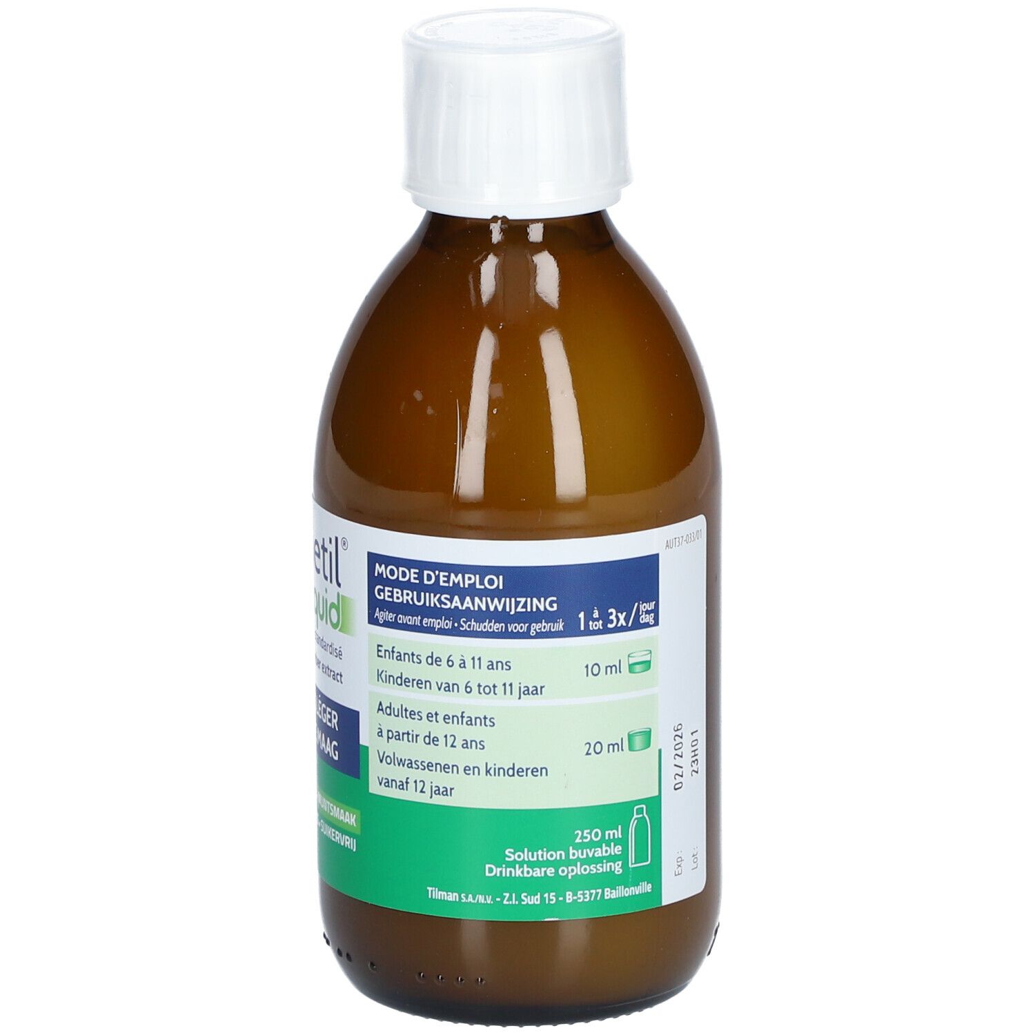 Bruine fles met witte dop. Etiket met productnaam en tekst. Groen-wit etiket.