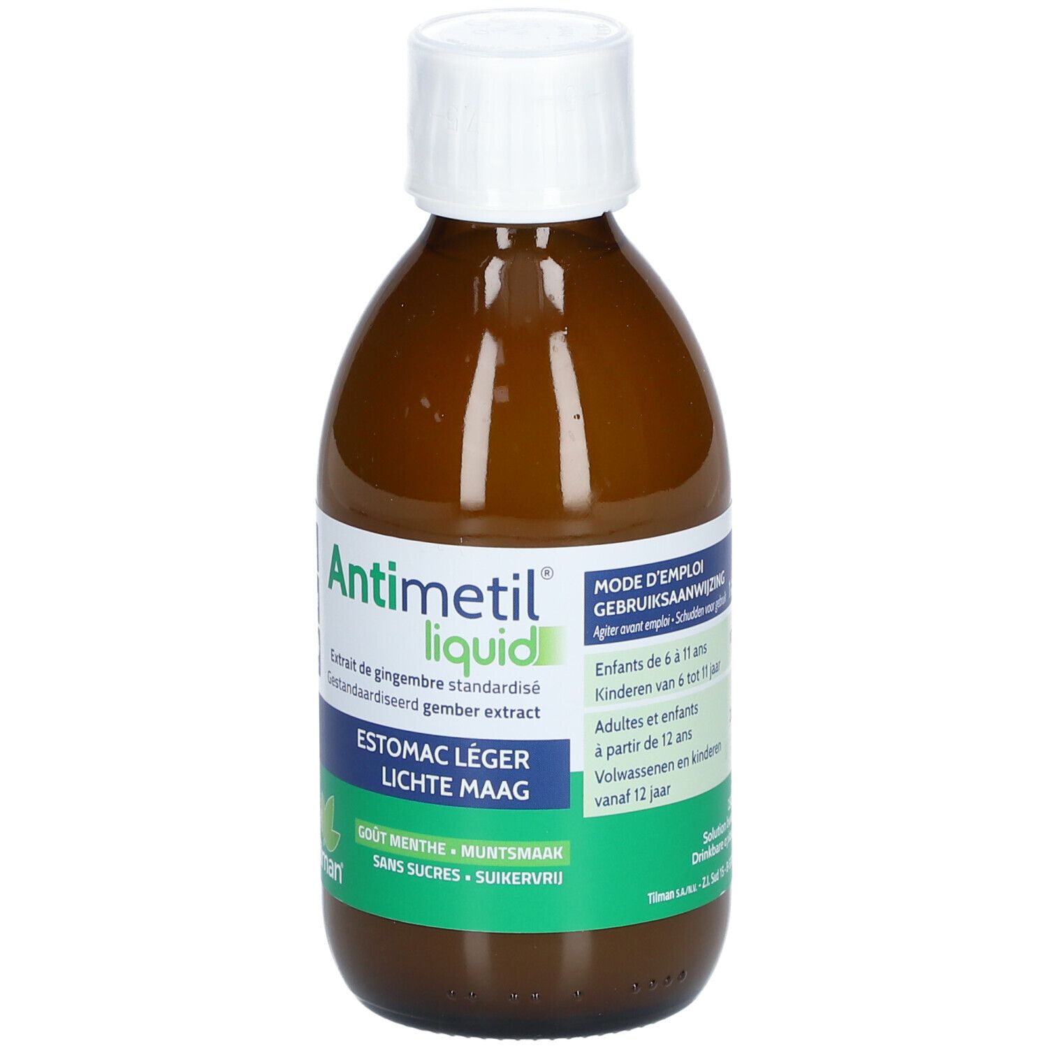 Bruine fles met witte dop. Etiket met productnaam en tekst. Groen-wit etiket.