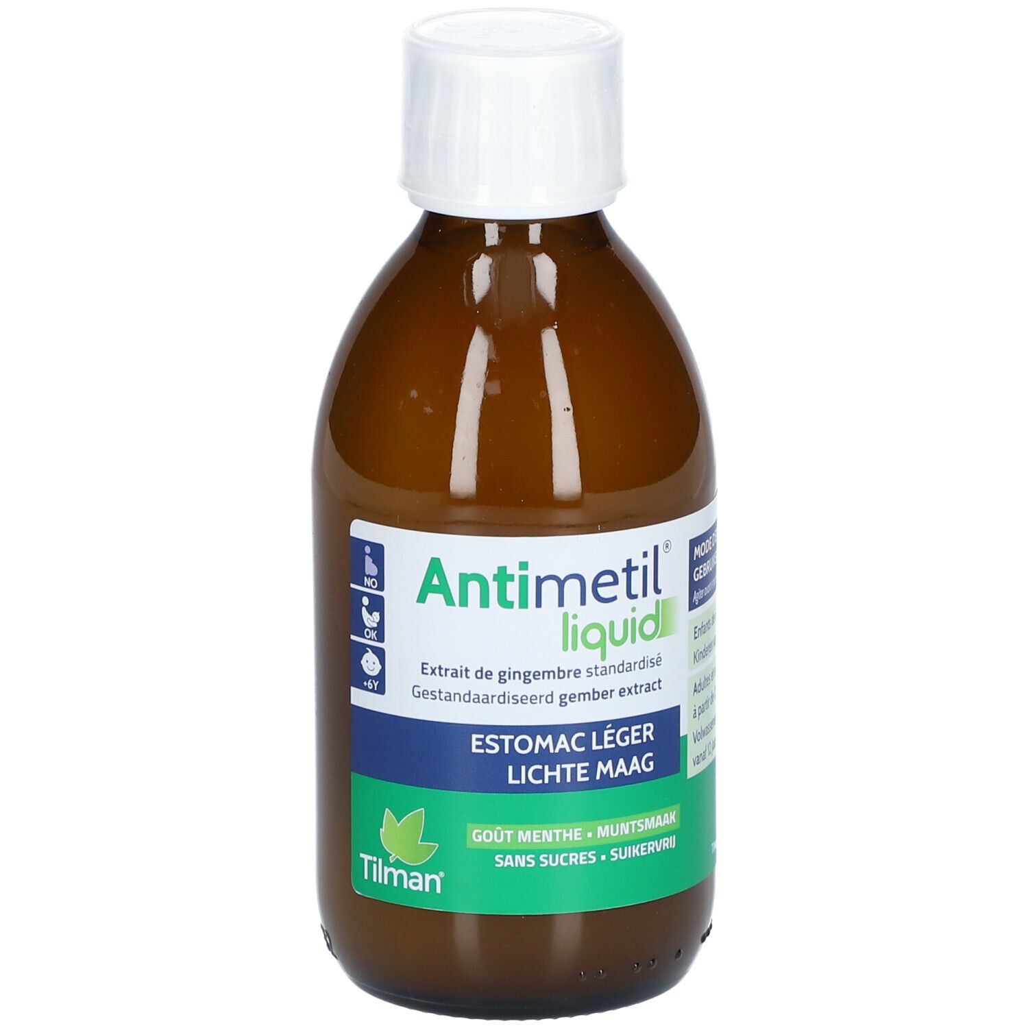 Bruine fles met witte dop. Etiket met productnaam en tekst. Groen-wit etiket.