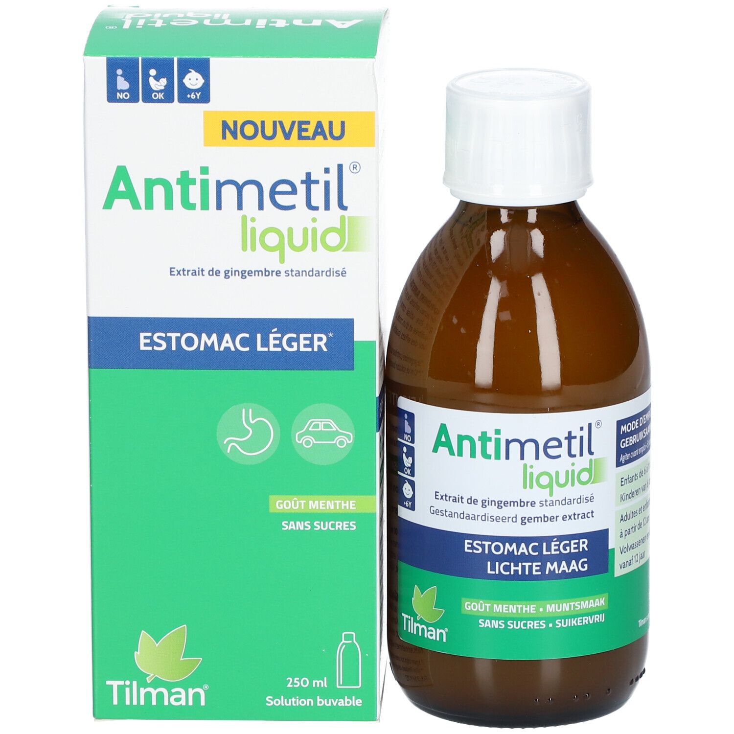 Bruine fles en doos. Productnaam en tekst op etiket en doos. Groen-wit ontwerp.