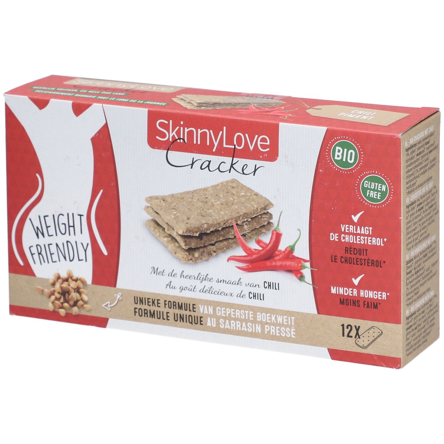 Boîte SkinnyLove Cracker Chili. Boîte rouge et blanche avec image du produit et texte. Contient 12 crackers.