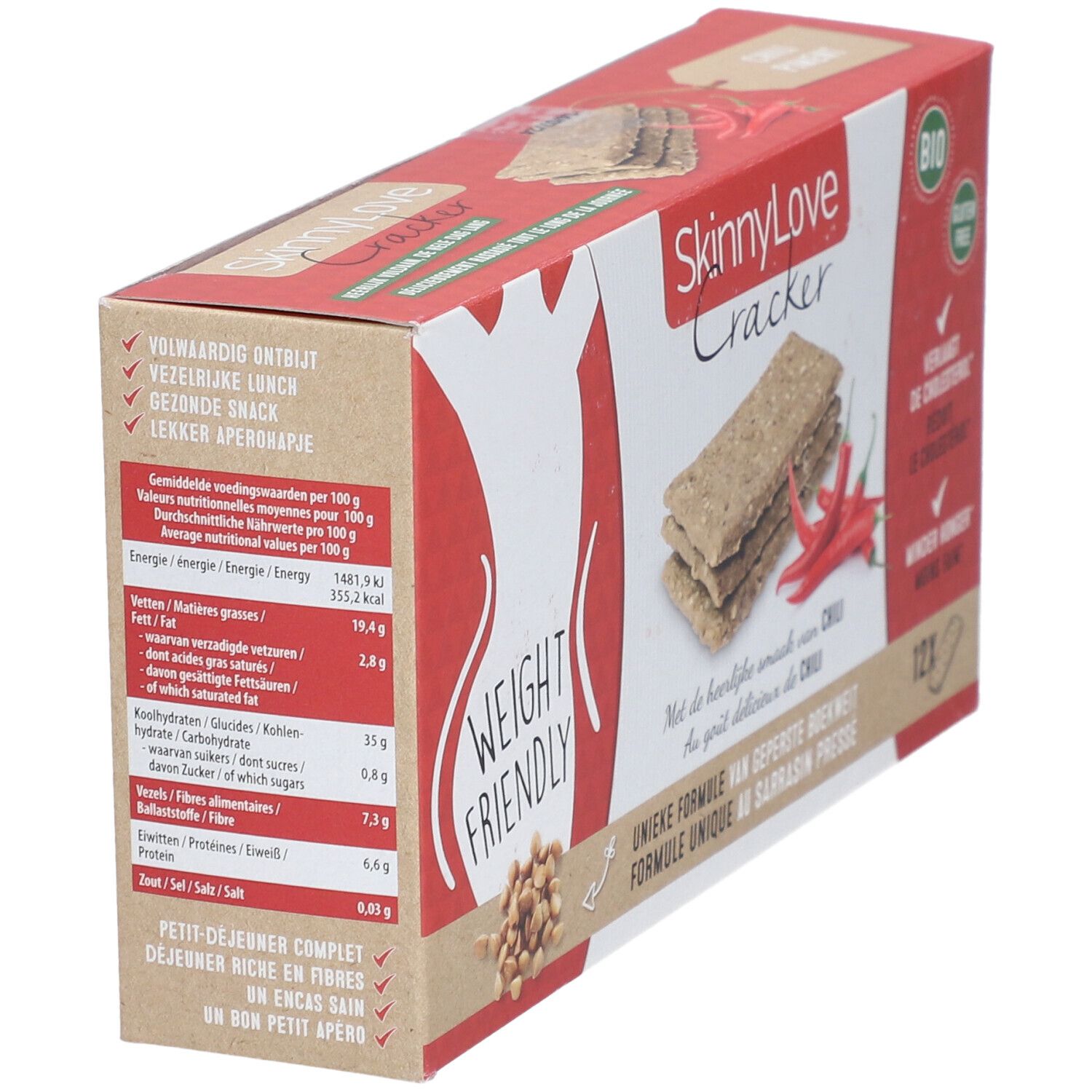 Boîte SkinnyLove Cracker Chili. Informations nutritionnelles et texte sur le côté. Contient 12 crackers.