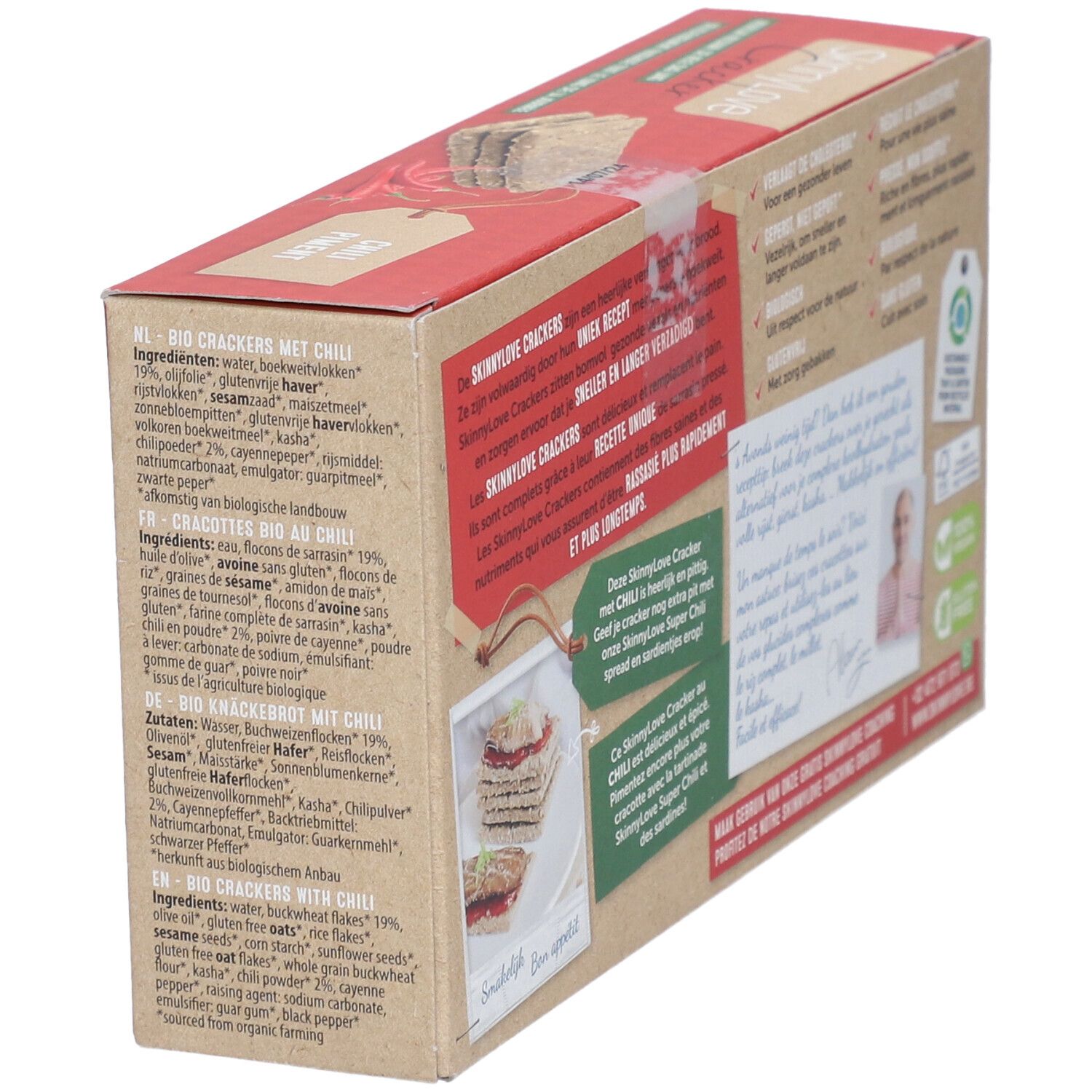 Côté de la boîte SkinnyLove Cracker Chili. Liste des ingrédients et texte. Contient 12 crackers.