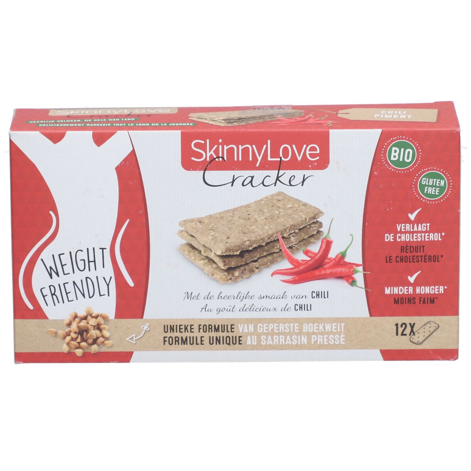 Boîte SkinnyLove Cracker Chili. Boîte rouge et blanche avec image du produit et texte. Contient 12 crackers.