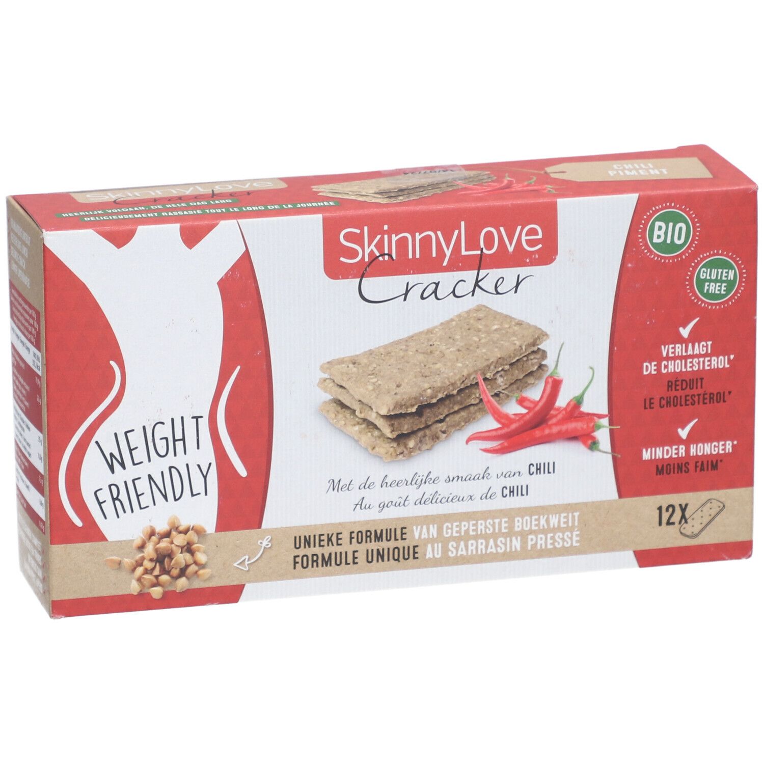 Boîte SkinnyLove Cracker Chili. Boîte rouge et blanche avec image du produit et texte. Contient 12 crackers.