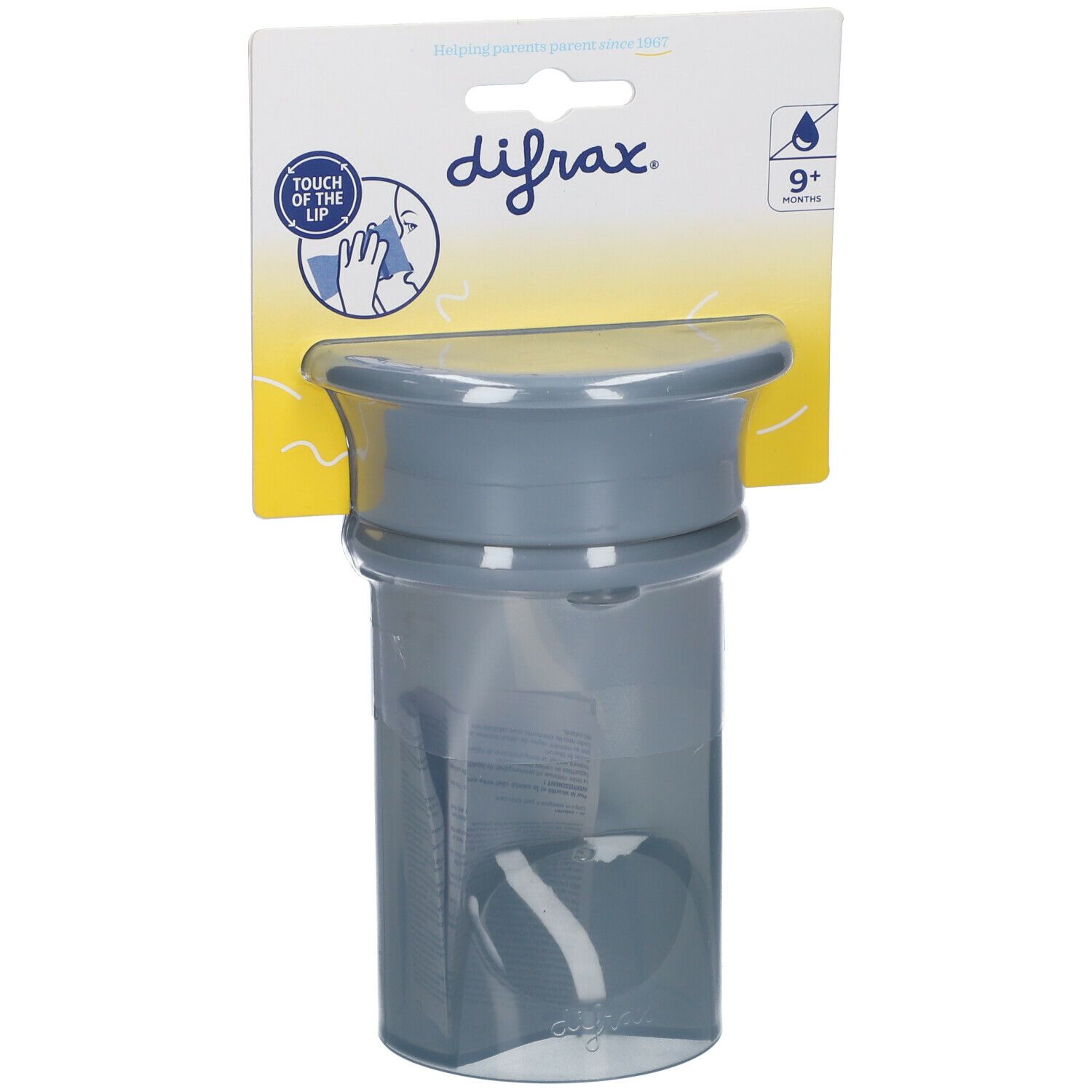 Grauer Becher mit Deckel und Verpackung. Auf der Verpackung steht "difrax" und "9+".