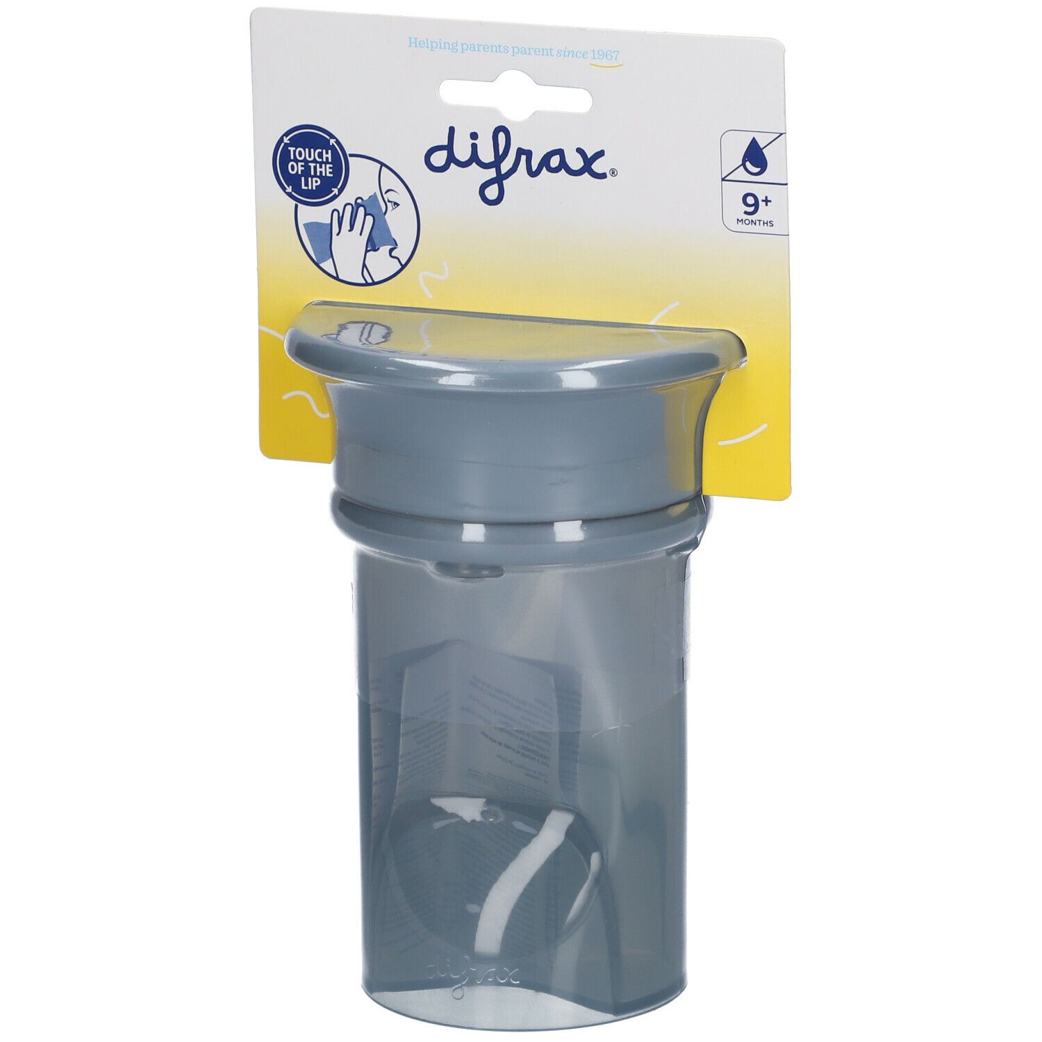 Grauer Becher mit Deckel und Verpackung. Auf der Verpackung steht "difrax" und "9+".