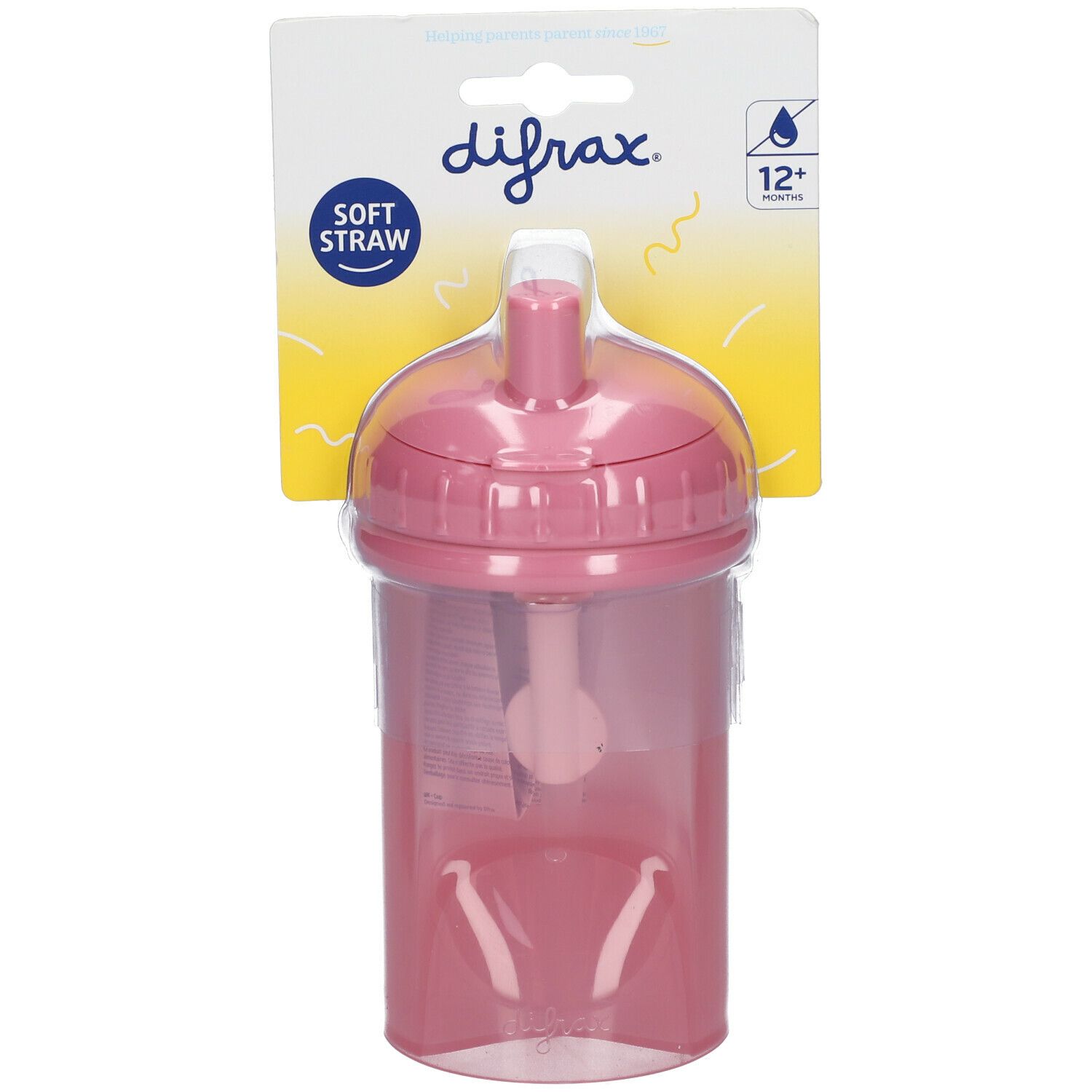 Rosa Trinkhalmbecher mit Deckel und Strohhalm. Auf der Verpackung steht "difrax" und "Soft Straw".