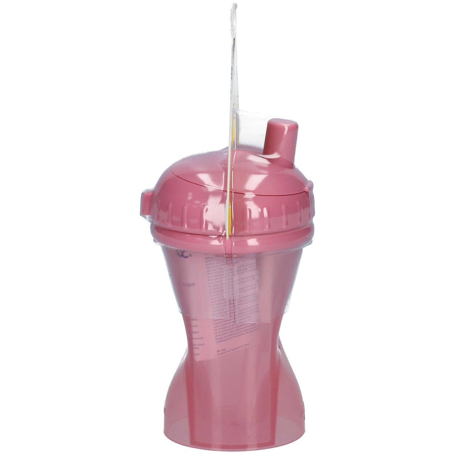 Seitenansicht des rosa Trinkhalmbechers mit Strohhalm. Verpackung mit Produktinformationen.