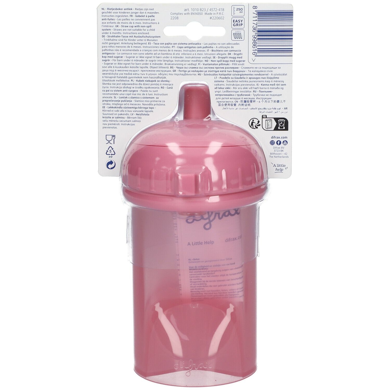 Rückseite des rosa Trinkhalmbechers mit Verpackung. Produktinformationen und Barcode.