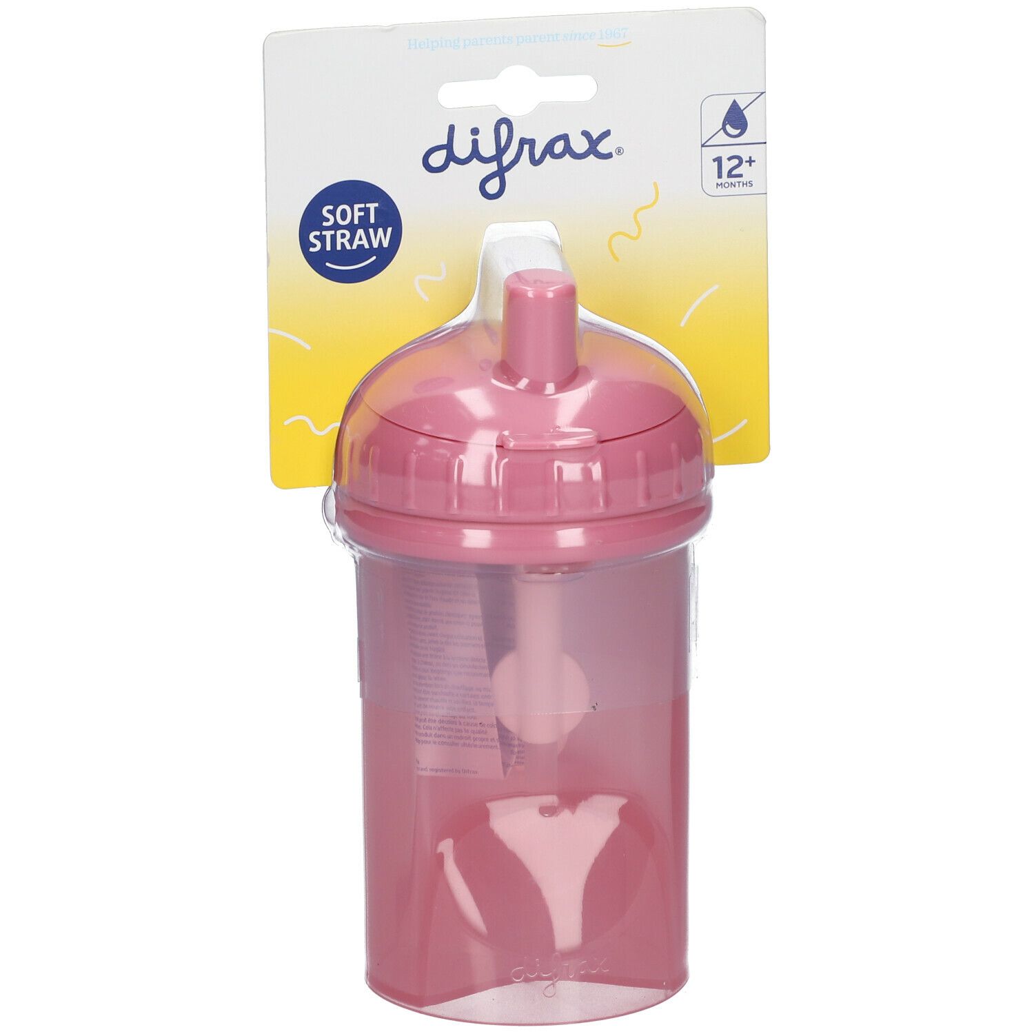 Rosa Trinkhalmbecher mit Deckel und Strohhalm. Verpackung mit "difrax" und "Soft Straw".
