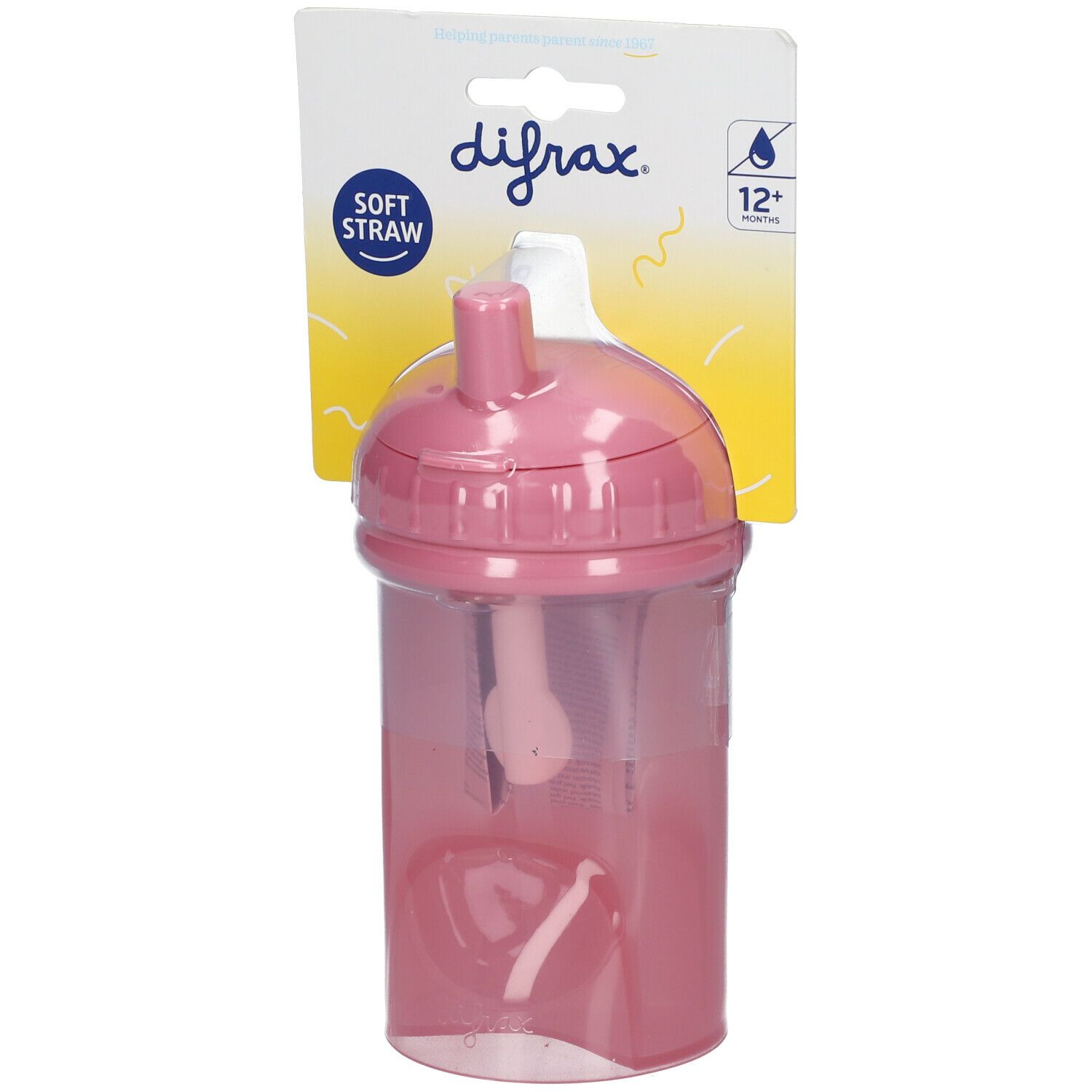 Rosa Trinkhalmbecher mit Deckel und Strohhalm. Verpackung mit "difrax" und "Soft Straw".