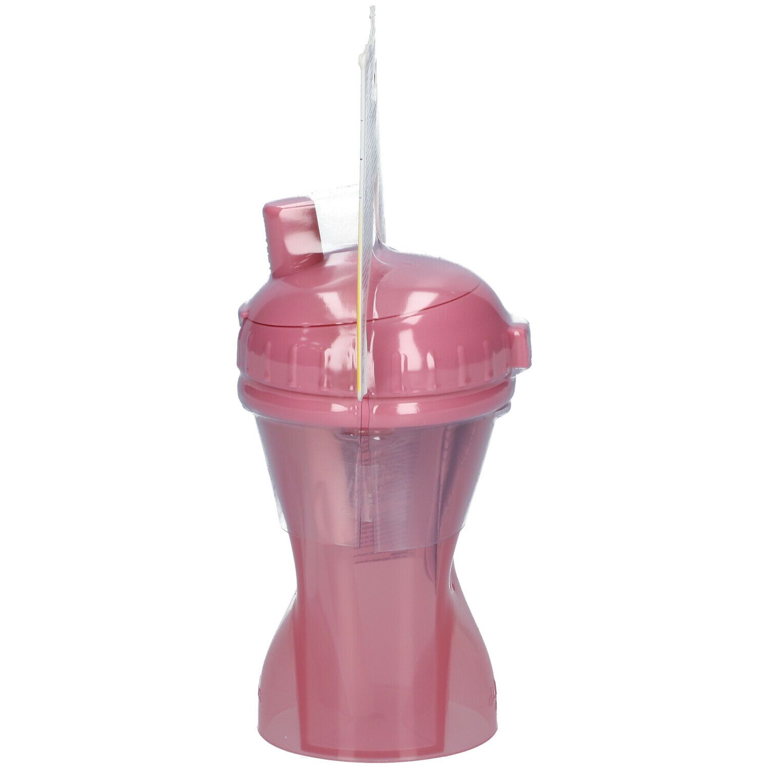 Seitenansicht des rosa Trinkhalmbechers mit Strohhalm. Verpackung mit Produktinformationen.