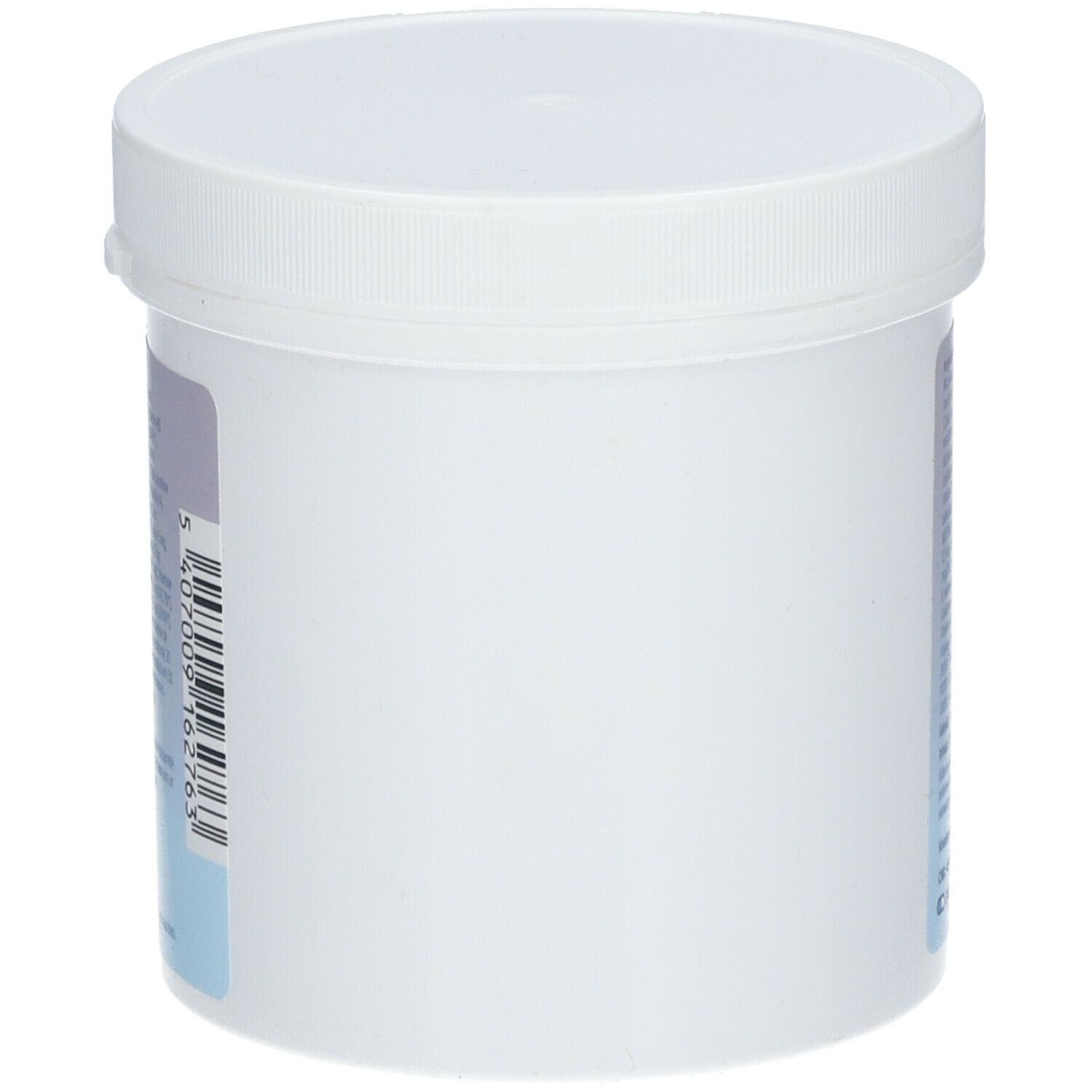 Witte cilindrische pot met deksel. Etiket met barcode en tekst. Geen productnaam zichtbaar.