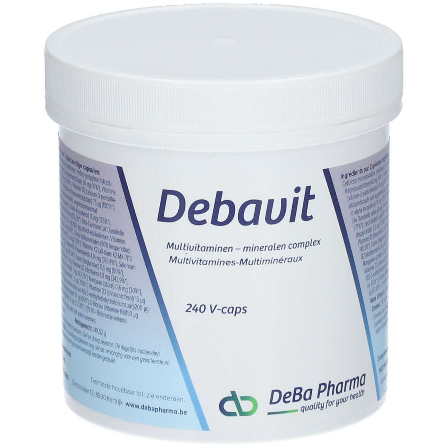 Witte pot met deksel. Opschrift: Debavit, multivitaminen-mineralen complex, 240 V-caps. DeBa Pharma logo.