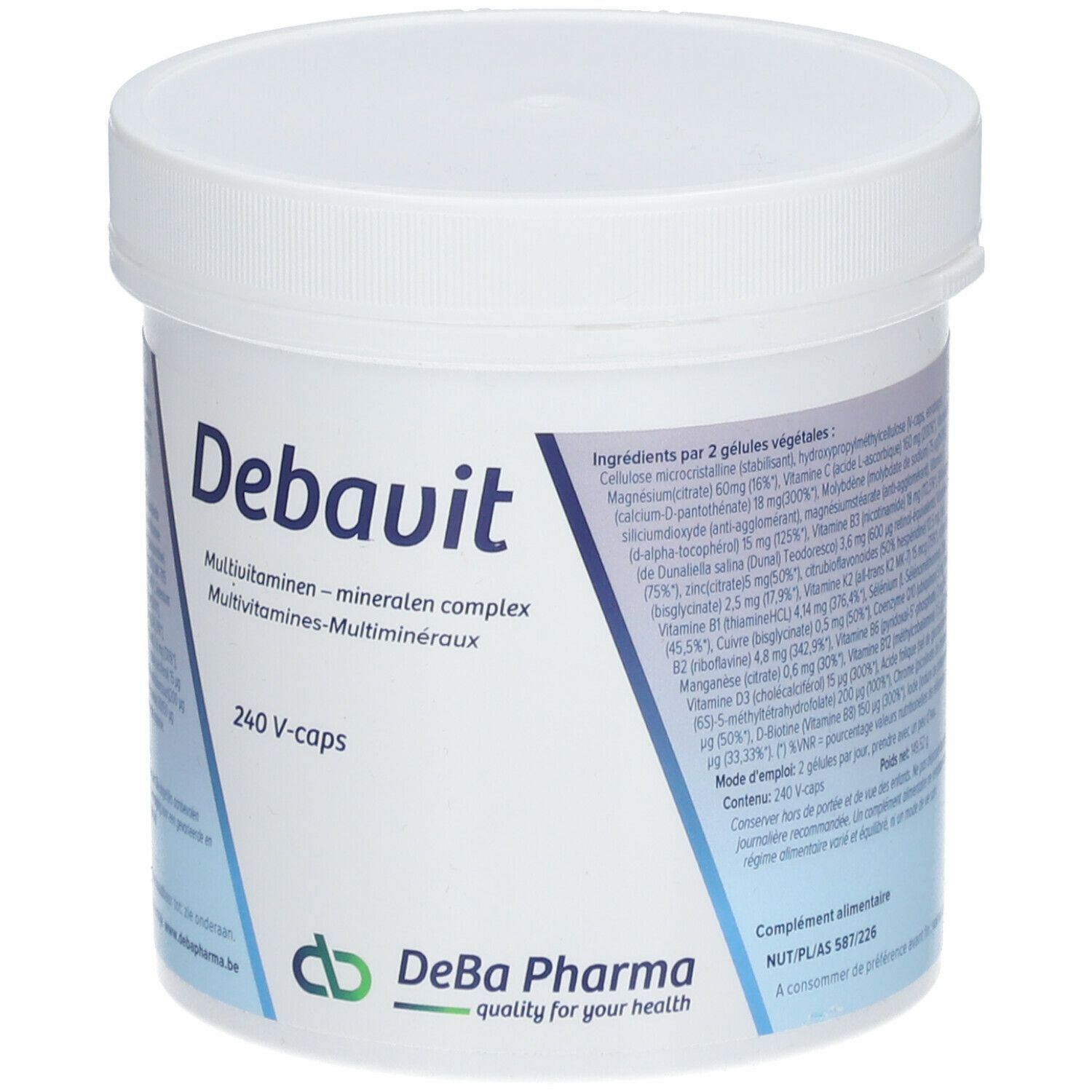 Witte pot met deksel. Opschrift: Debavit, multivitaminen-mineralen complex, 240 V-caps. DeBa Pharma logo.