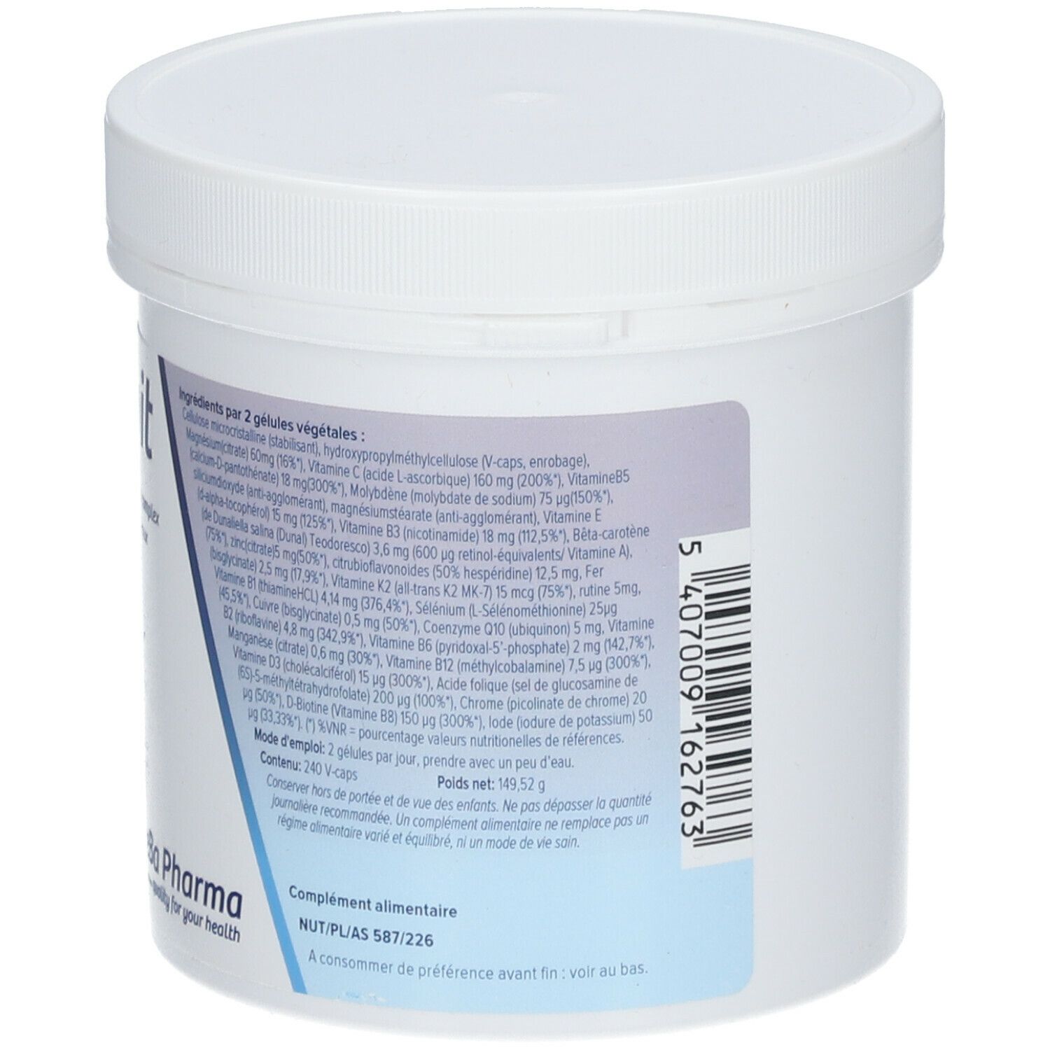 Witte pot met deksel. Achterkant met ingrediëntenlijst, voedingswaarde en barcode. DeBa Pharma logo.
