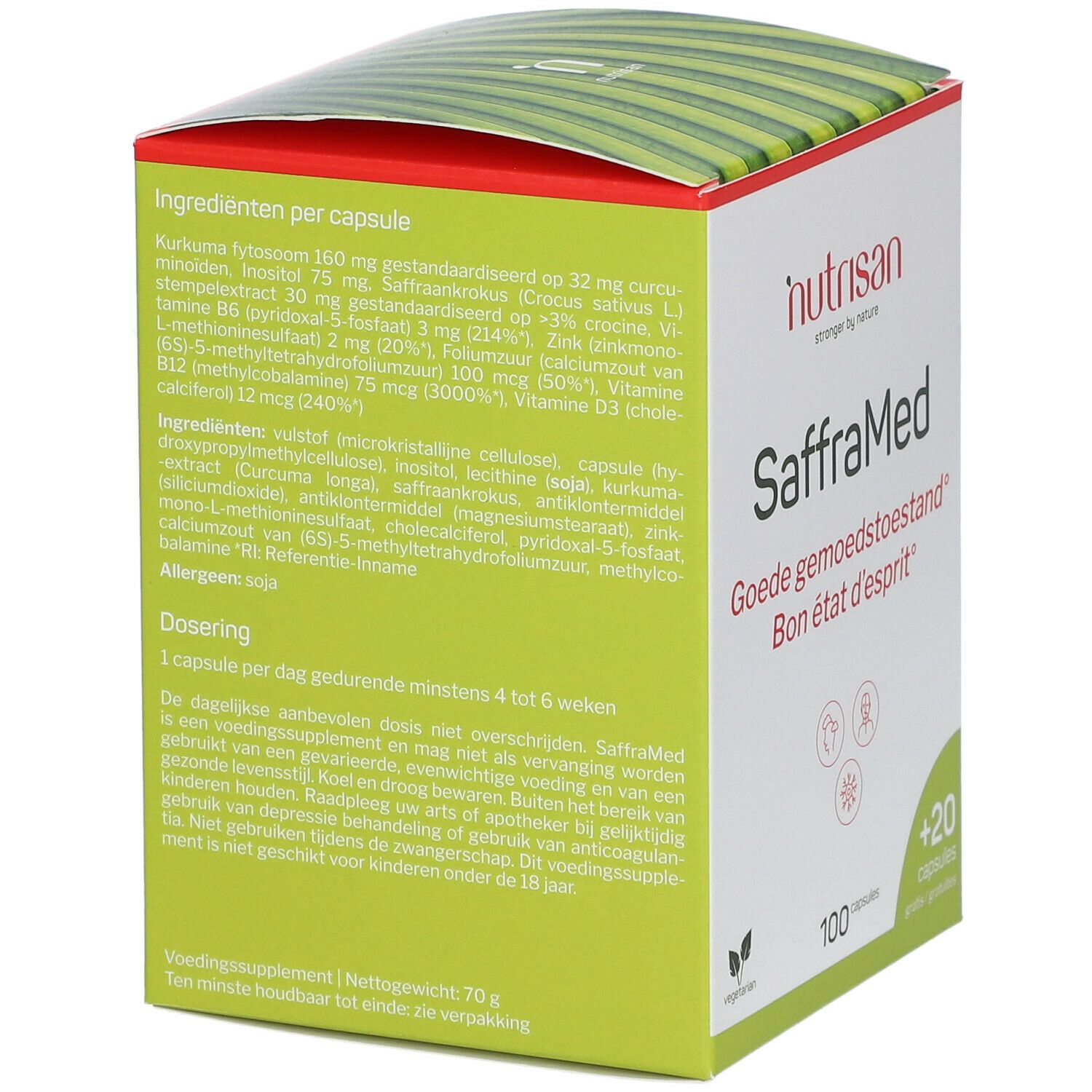 Achterkant verpakking Nutrisan SaffraMed. Ingrediëntenlijst en doseringsinstructies.