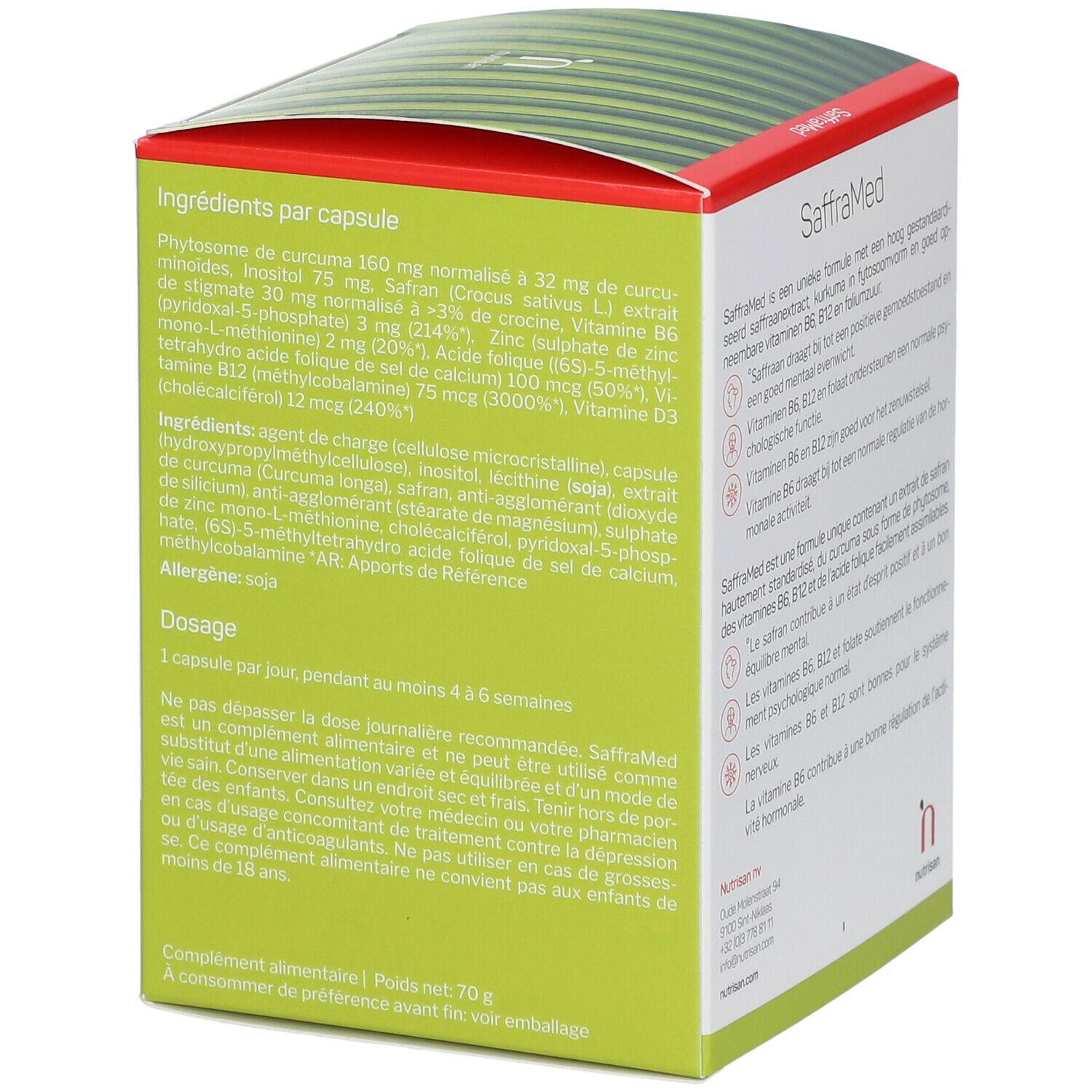Zijaanzicht van de verpakking Nutrisan SaffraMed. Ingrediëntenlijst en doseringsinstructies.