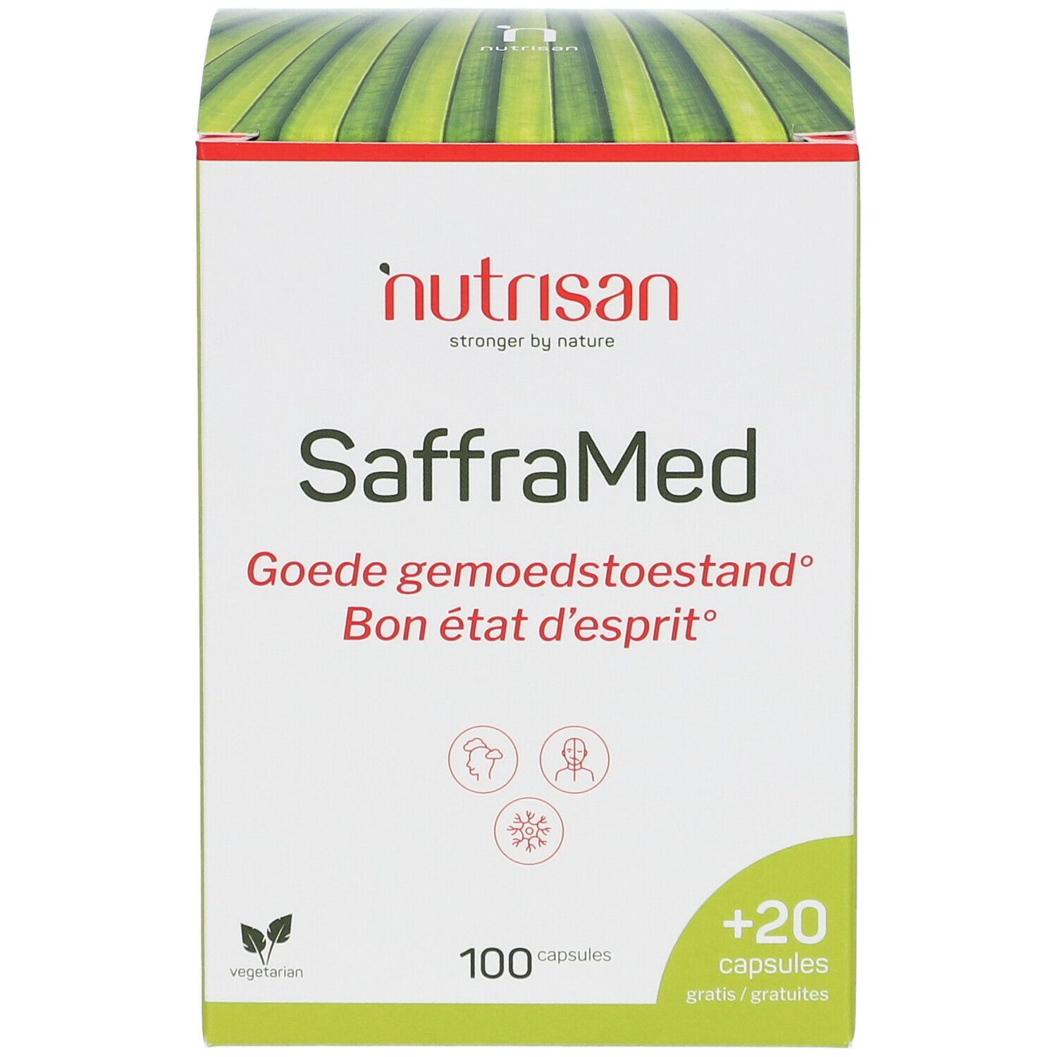 Voorkant verpakking Nutrisan SaffraMed. Productnaam, logo, 100 capsules + 20 GRATUITES.
