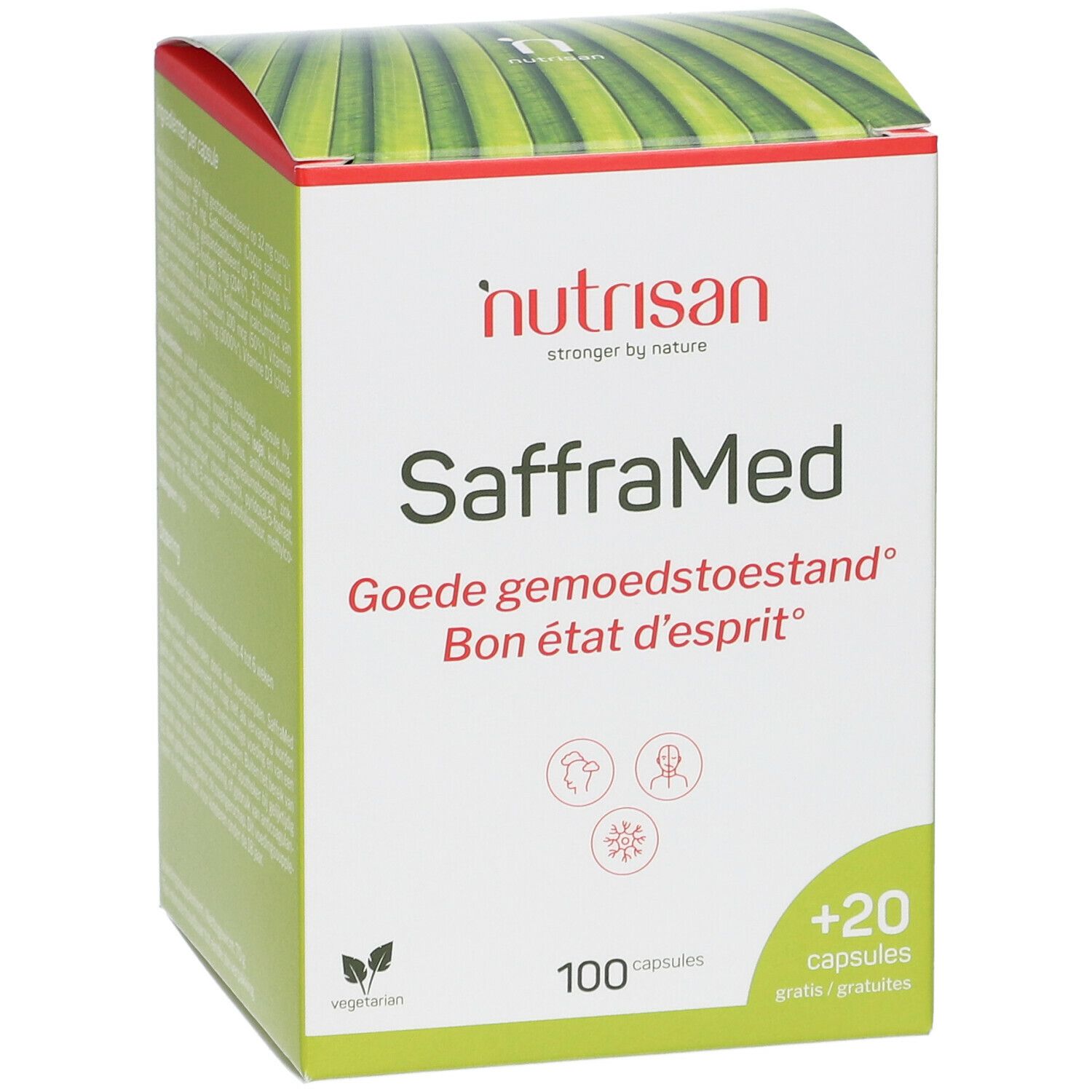 Voorkant verpakking Nutrisan SaffraMed. Productnaam, logo, 100 capsules + 20 GRATUITES.