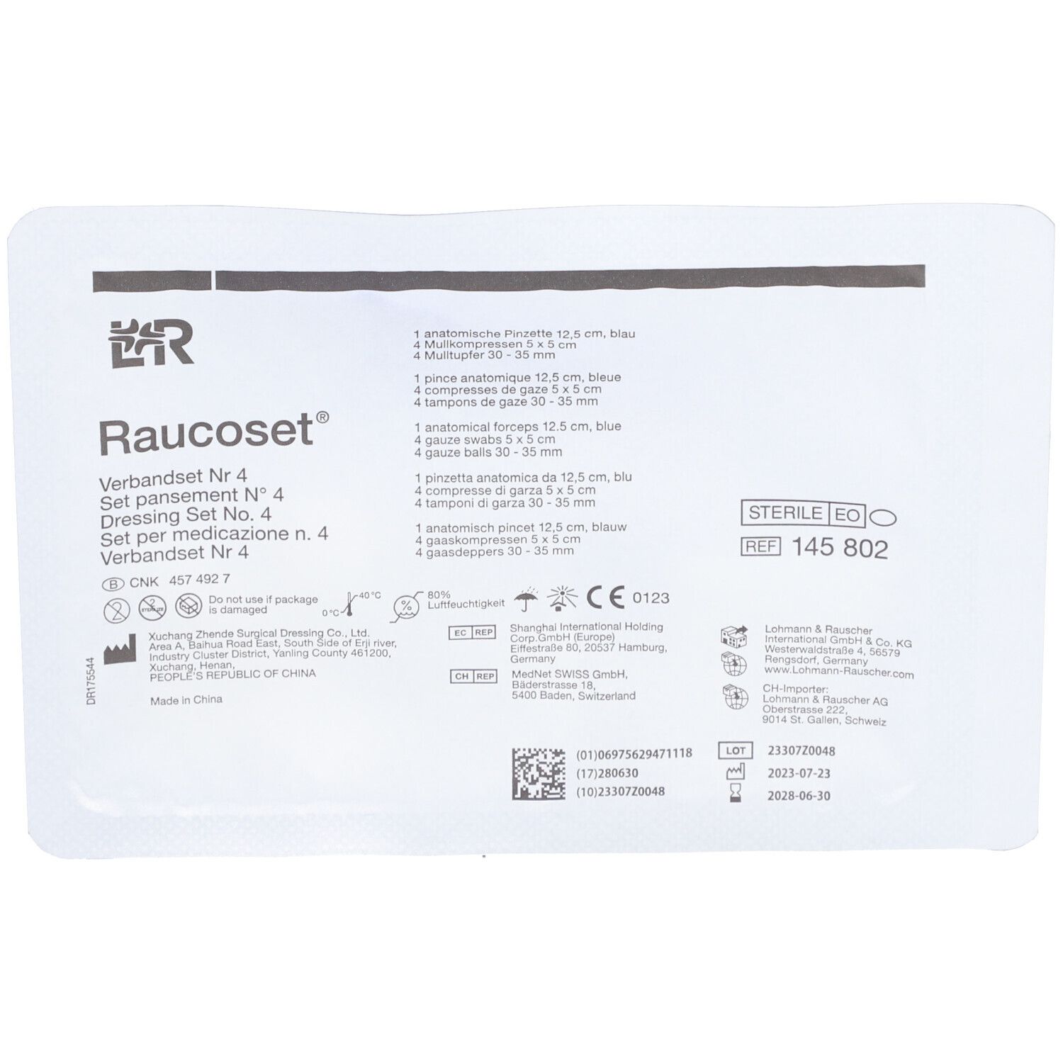 Verpakking van Raucoset Verbandset nr. 4. Steriel EO. Productinformatie.