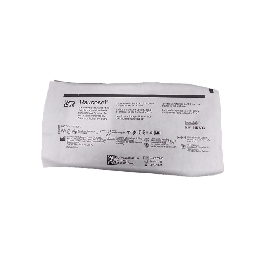 Verpackung mit "Raucoset" Aufdruck, enthält anatomische Pinzetten 10,5 cm und 2 anatomische Pinzetten 14,5 cm.