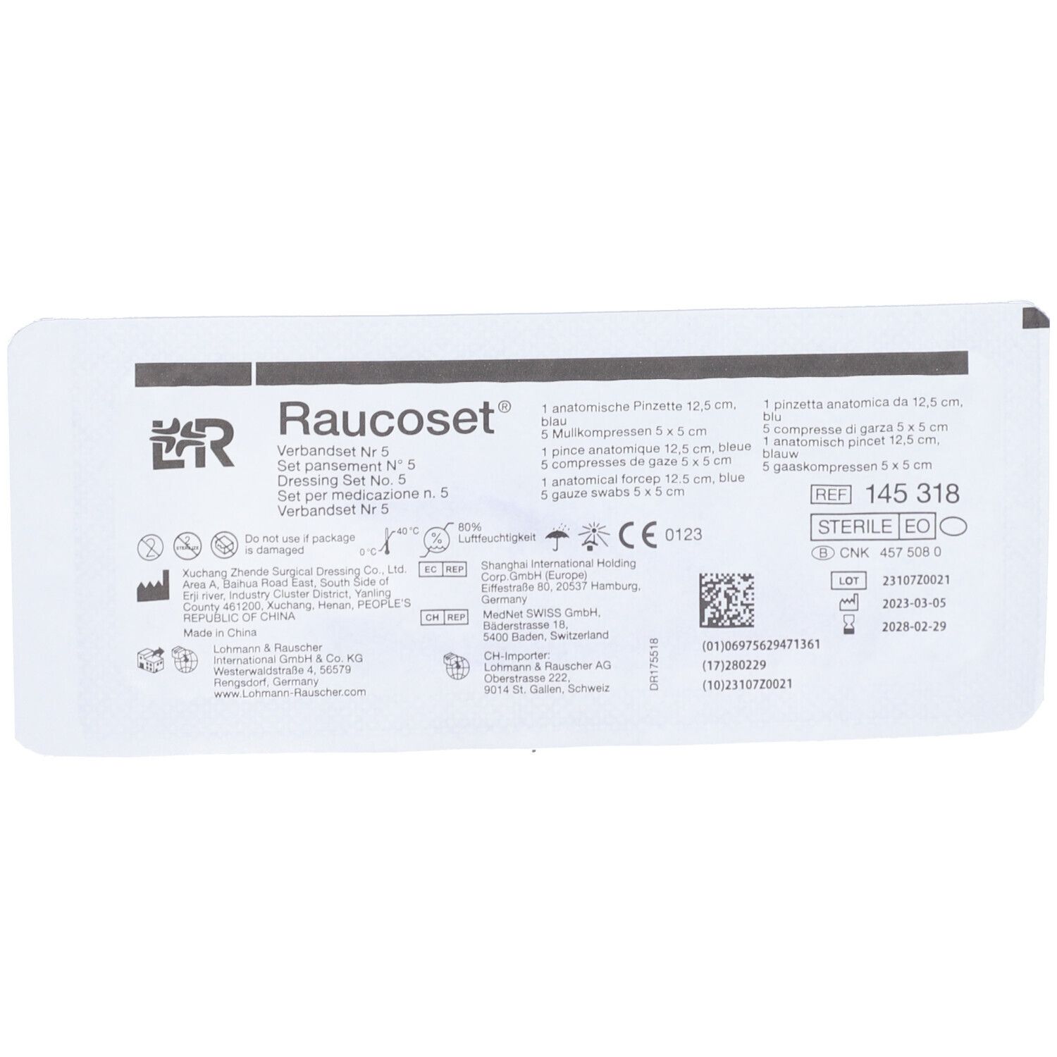 Set de pansements N° 5, emballage stérile. Contient pince, compresses et tampons. Référence 145 318.