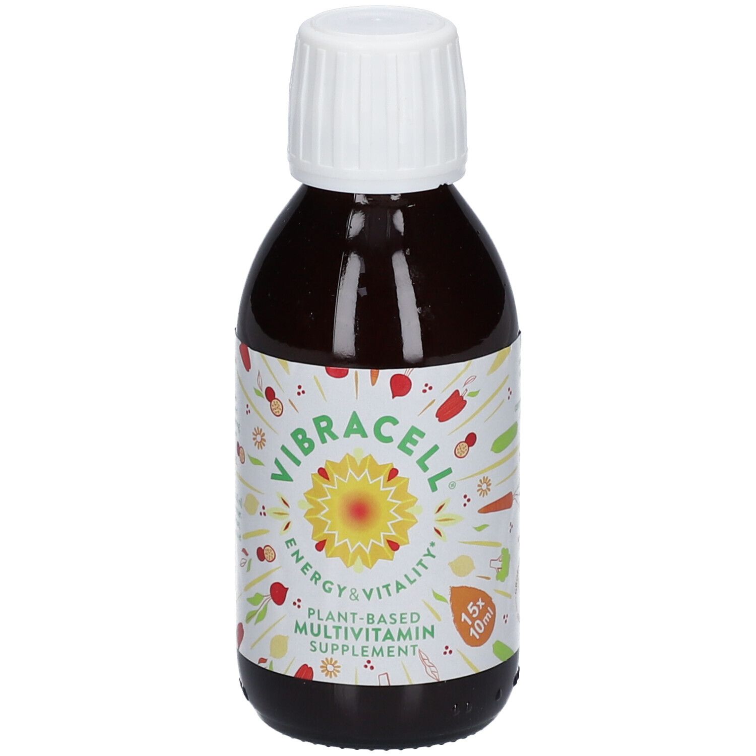 Bouteille marron avec bouchon blanc. Étiquette avec nom du produit et illustrations. Inscription: Plant-Based Multivitamin Supplement.