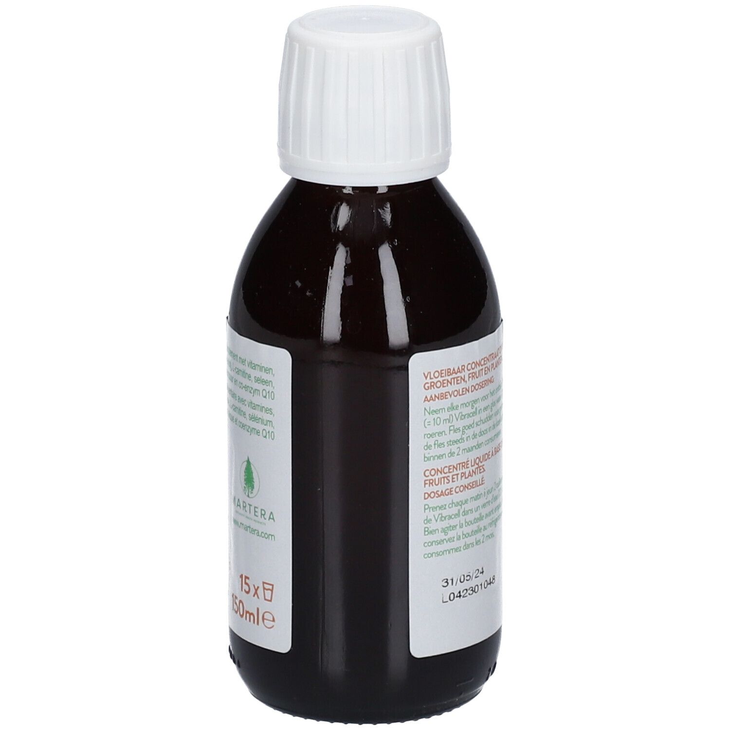 Bouteille marron avec bouchon blanc. Dos avec texte. Inscription: Concentré liquide pour légumes et fruits.