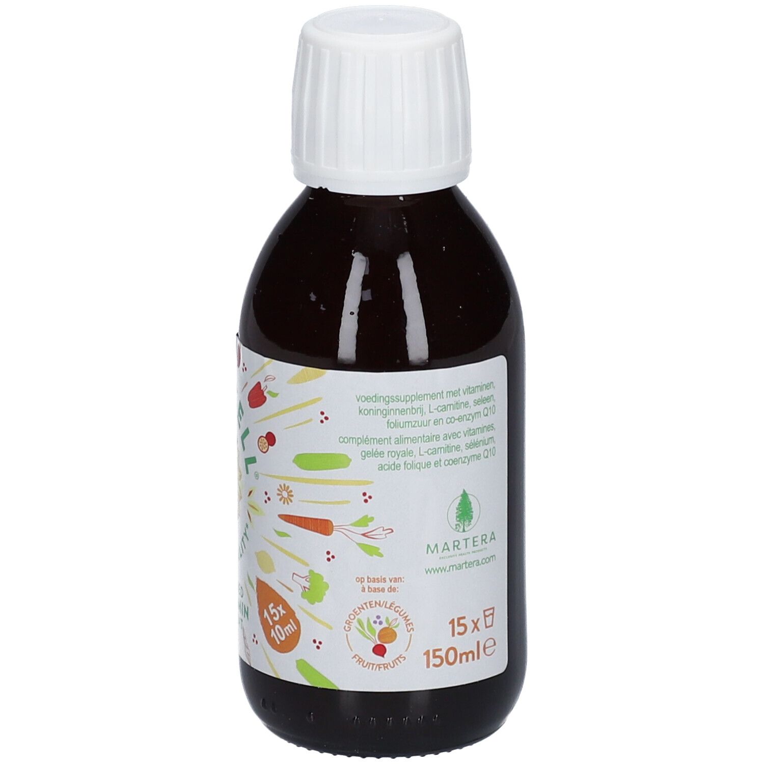 Bouteille marron avec bouchon blanc. Étiquette avec nom du produit et illustrations. Inscription: Complément alimentaire avec vitamines.