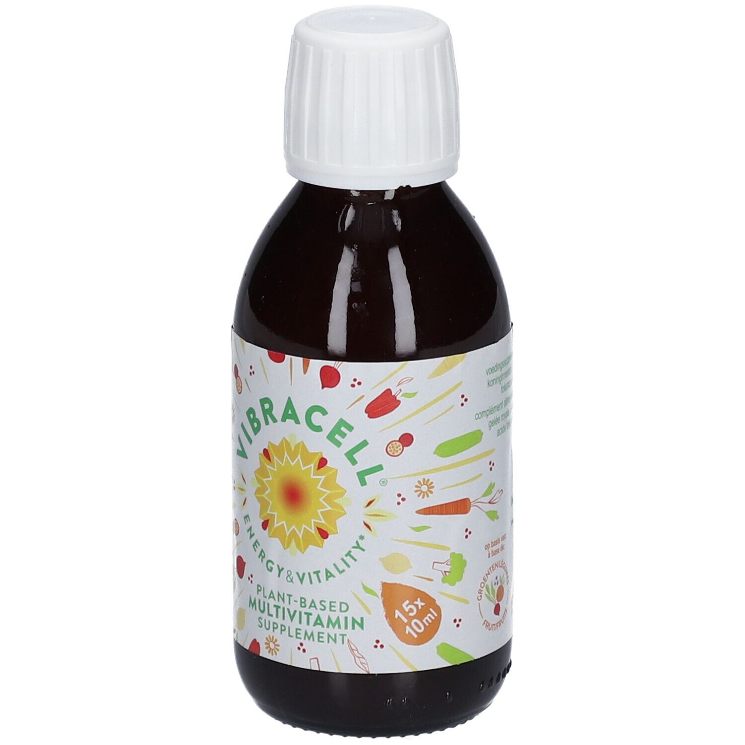 Bouteille marron avec bouchon blanc. Étiquette avec nom du produit et illustrations. Inscription: Plant-Based Multivitamin Supplement.