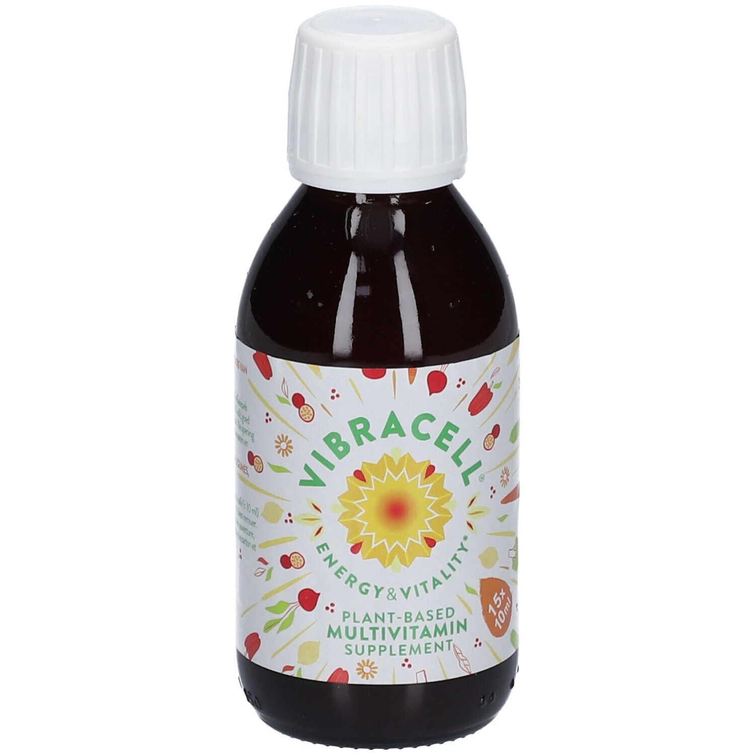 Bouteille marron avec bouchon blanc. Étiquette avec nom du produit et illustrations. Inscription: Plant-Based Multivitamin Supplement.