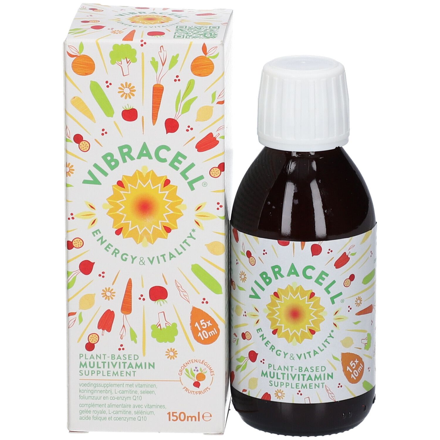 Bouteille marron et emballage. Bouteille avec bouchon blanc et étiquette. Emballage avec nom du produit et illustrations.